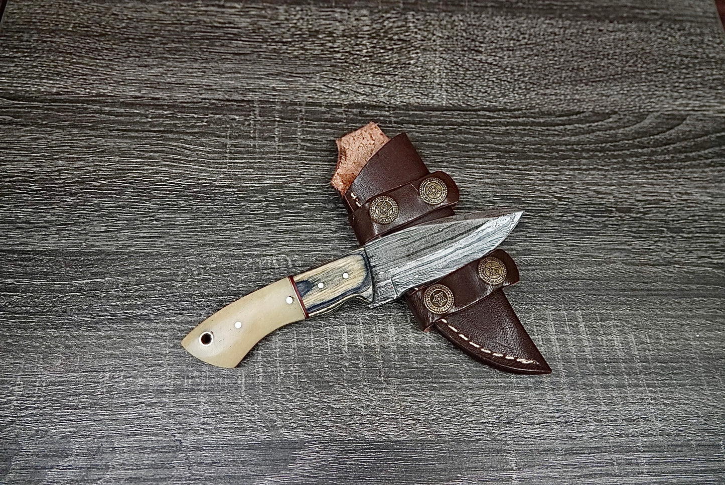 Forged Skinner Knife Twist Damascus Bone Wooden Bolster EDC Unique