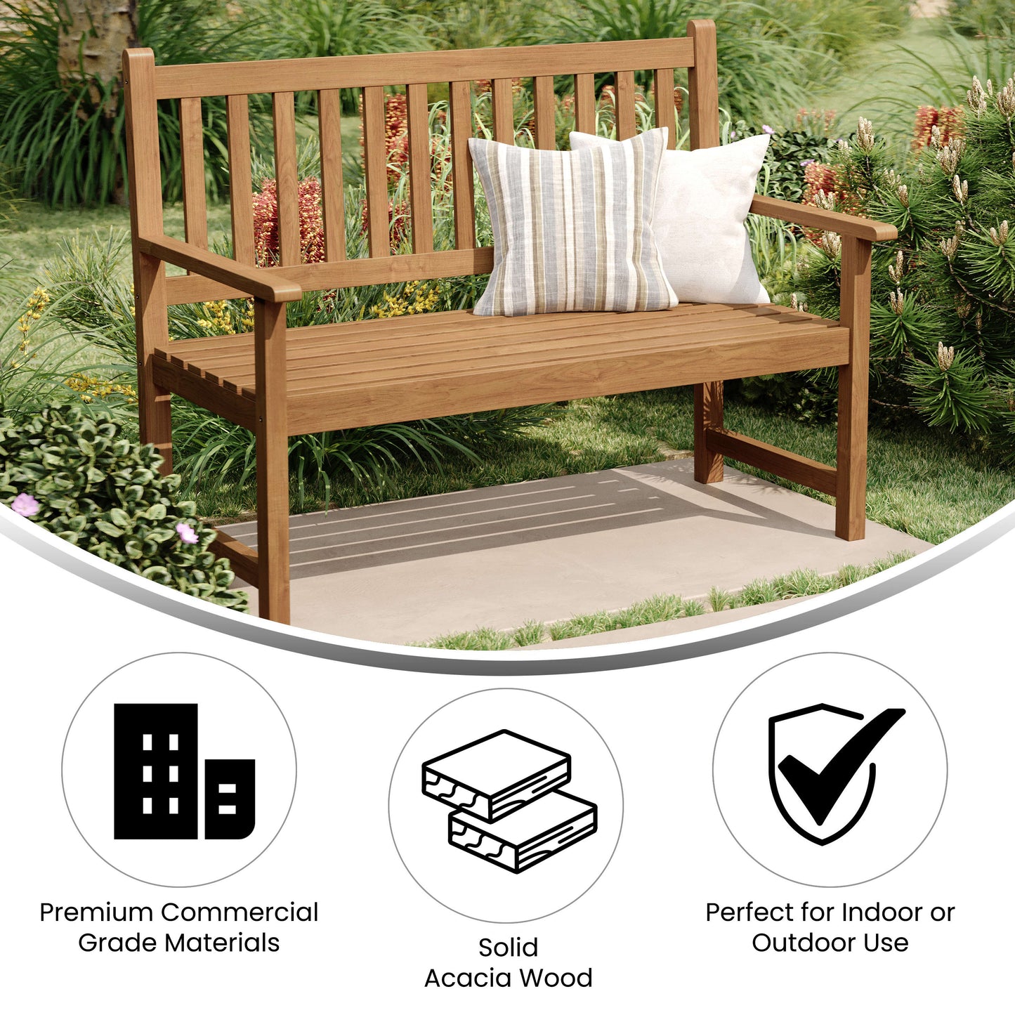 Adele Commercial Grade Indoor/Outdoor Patio Acacia Wood Bench, 2-Person Slatted Seat Loveseat for Park, Garden, Yard, Porch