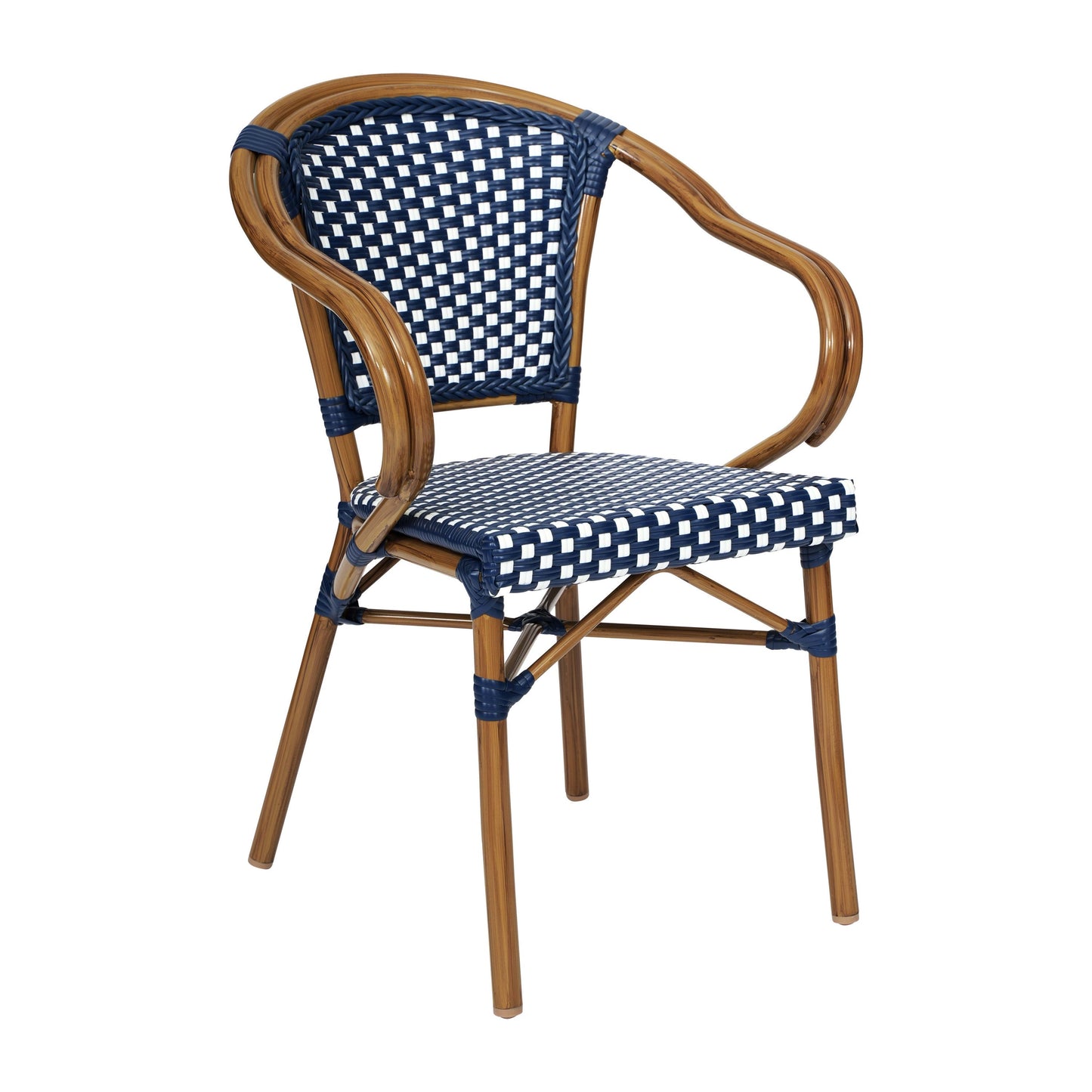 Bordeaux Indoor/Outdoor Commercial Bistro Stacking Chair with Arms, PE Rattan and Bamboo Print Aluminum Frame