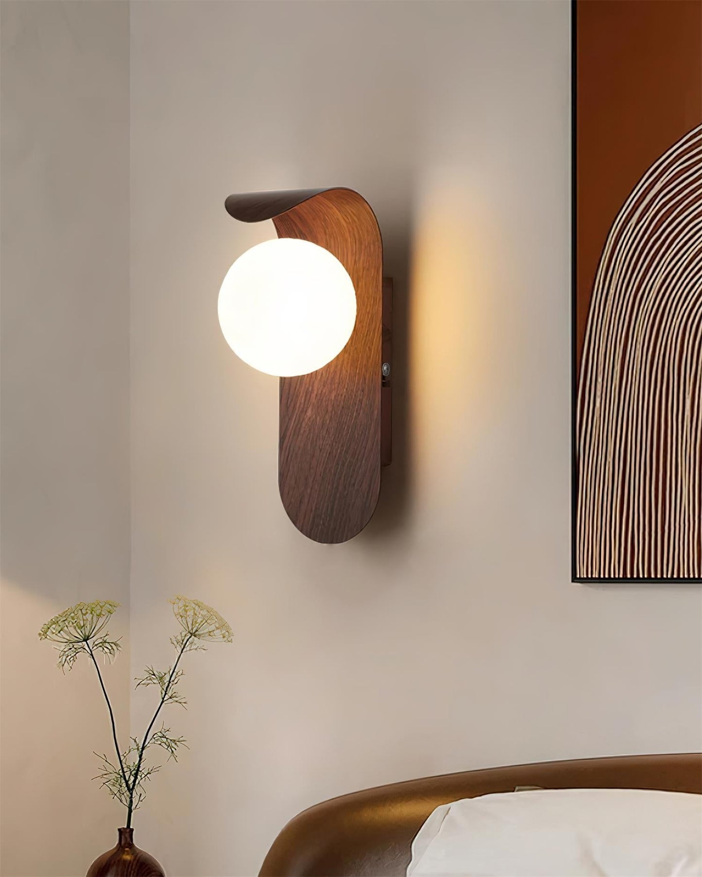Wood Wall Light With Opal Globe Shade