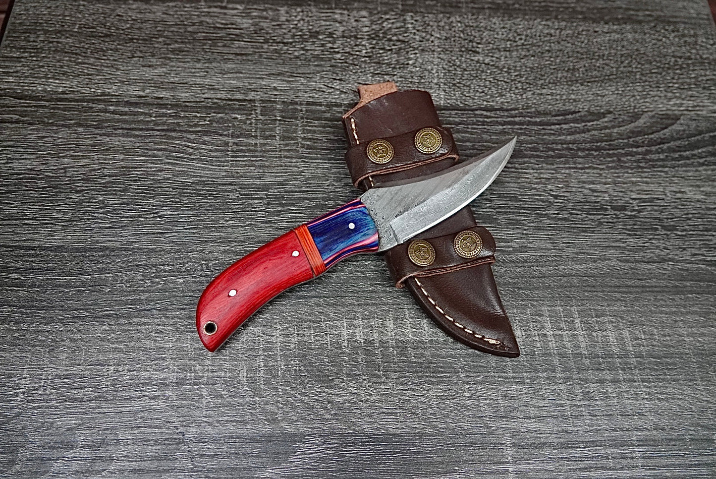 Skinner Knife Damascus Hard Wood Wooden Bolster Camping Rare