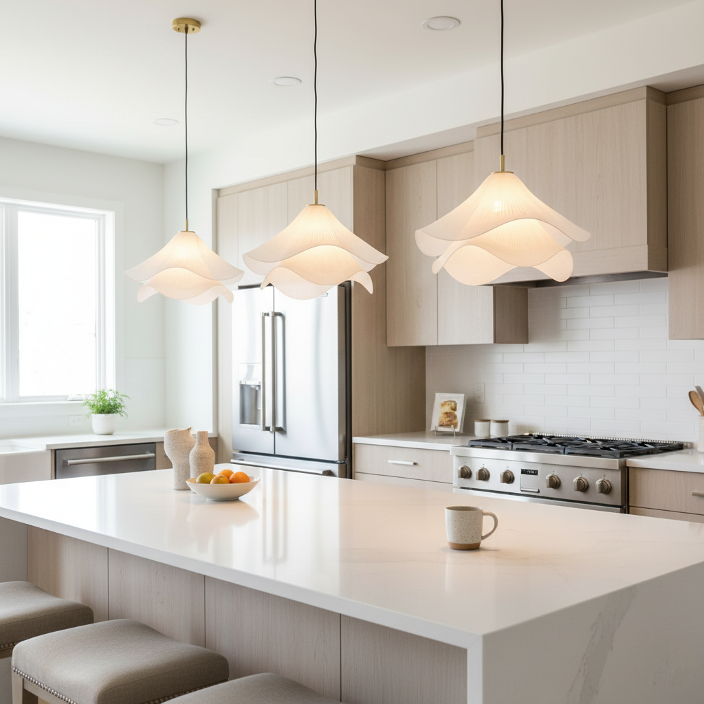 White Japandi Fabric pendant lights LED Light With Wavy Shade