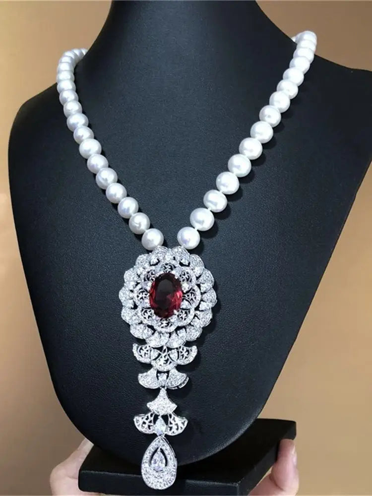 YKNRBPH 2023 Women's Natural Freshwater Pearl Necklace Blue Zircon Boutique Temperament Sweater Chains