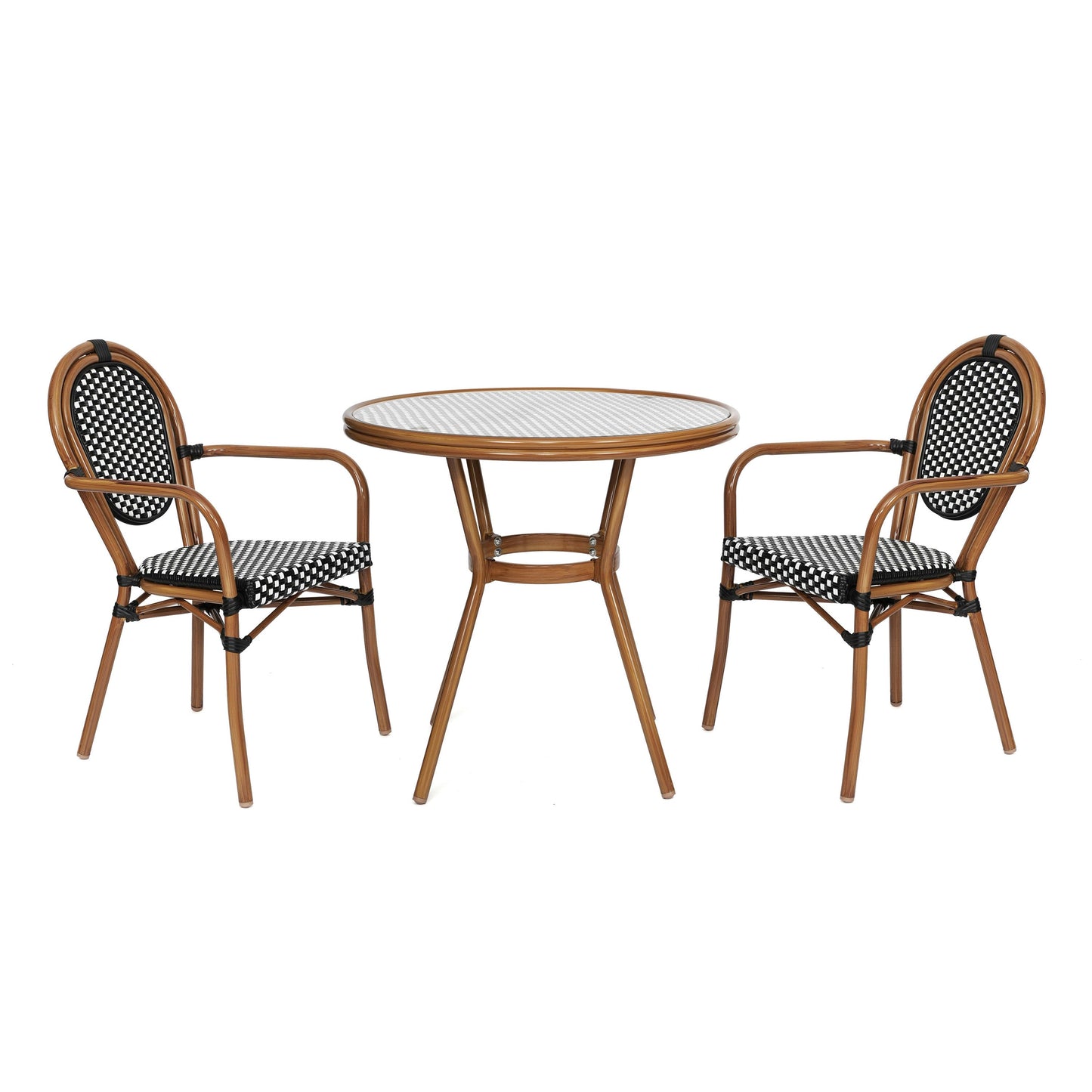 Lourdes Indoor/Outdoor Commercial Bistro 31.5" Table, PE Rattan, Glass Top with 2 Stack Chairs