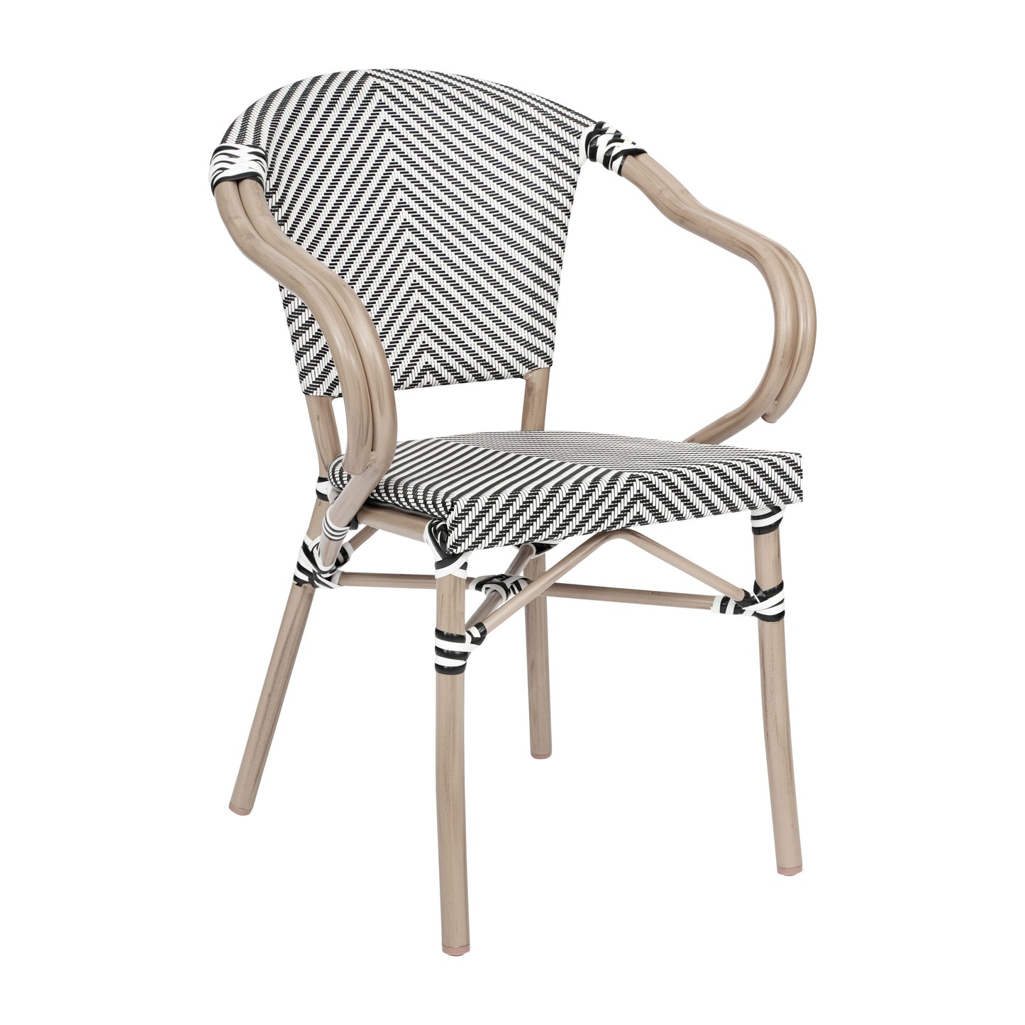 Marseille Indoor/Outdoor Commercial Bistro Stacking Chair with Arms, Textilene and Bamboo Print Aluminum Frame