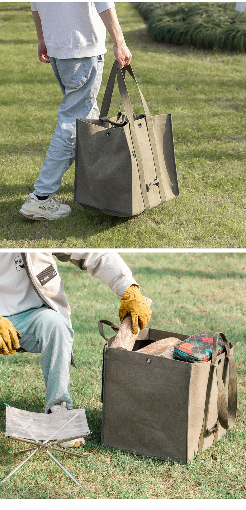 Campingmoon BC-400 Large Canvas Firewood Bag Portable Foldable Carrying Storage Bag Outdoor Camping Equipment Tools Utensils Fire Wood Bag Heavy Duty