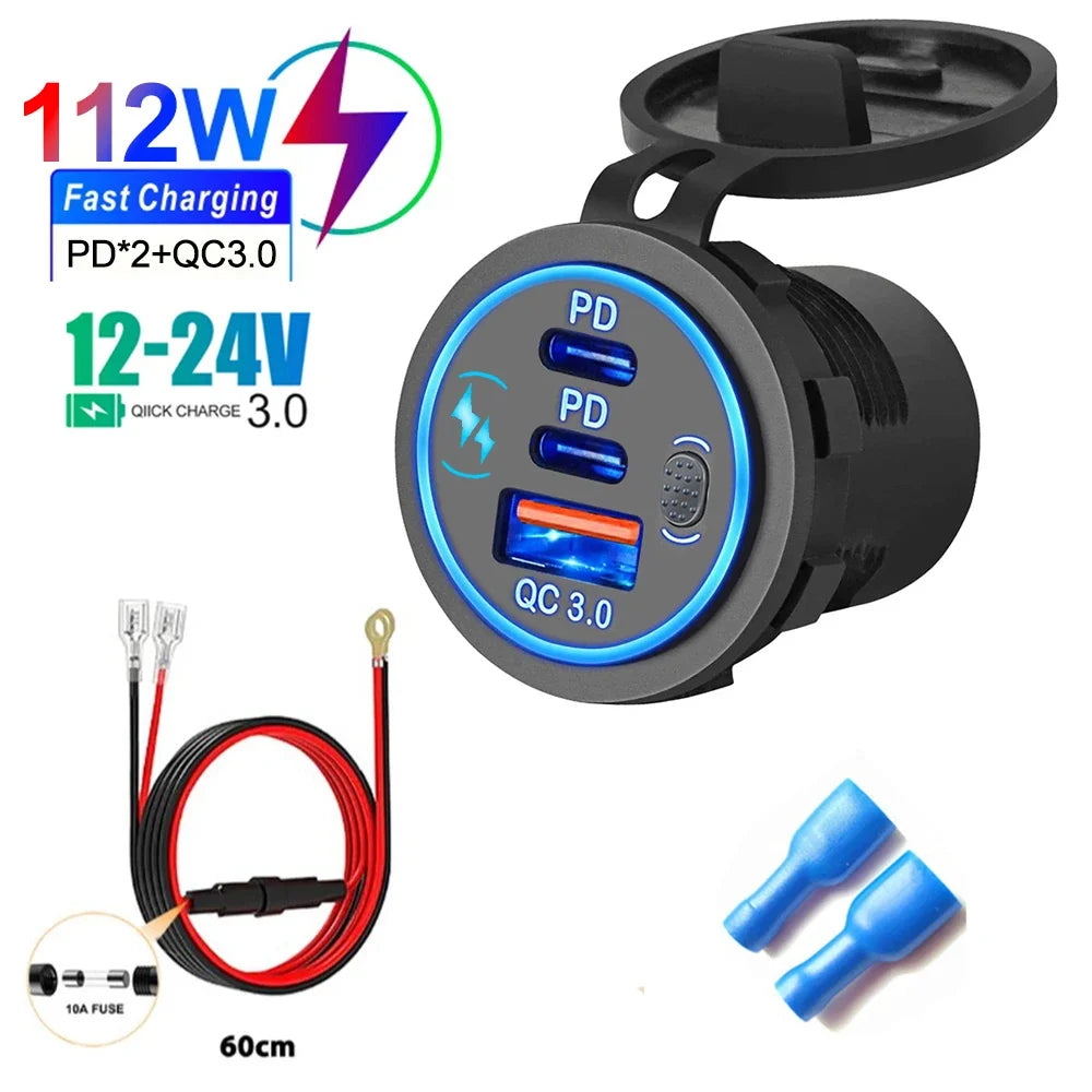 Car Charger Socket PD3.0 & QC3.0 Double USB C Ports Waterproof with LED Touch Switch 78W Fast Charging 12V/24V For Moto Adapter
