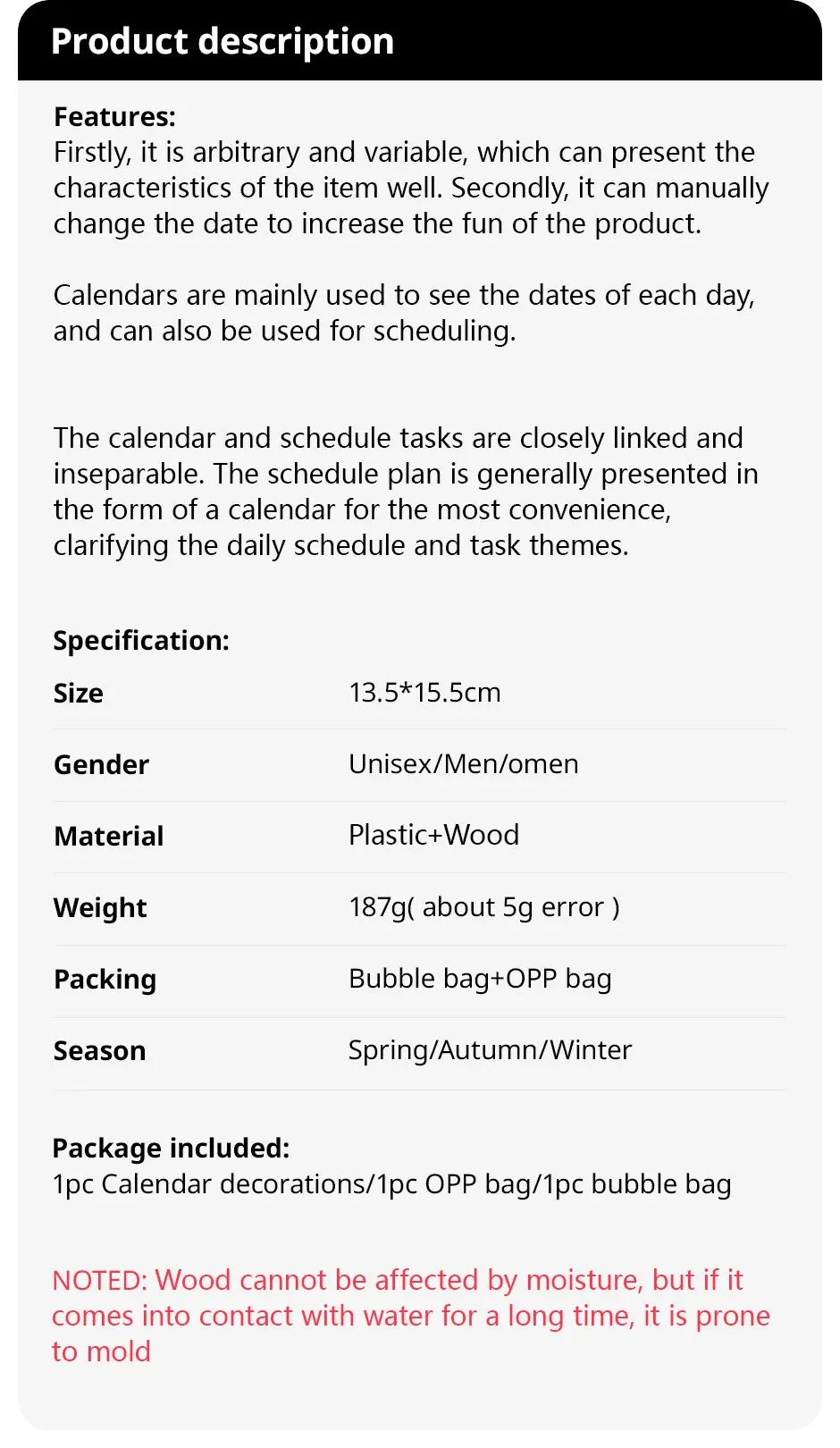 Acrylic Wooden Base Calendar- HMT15CC