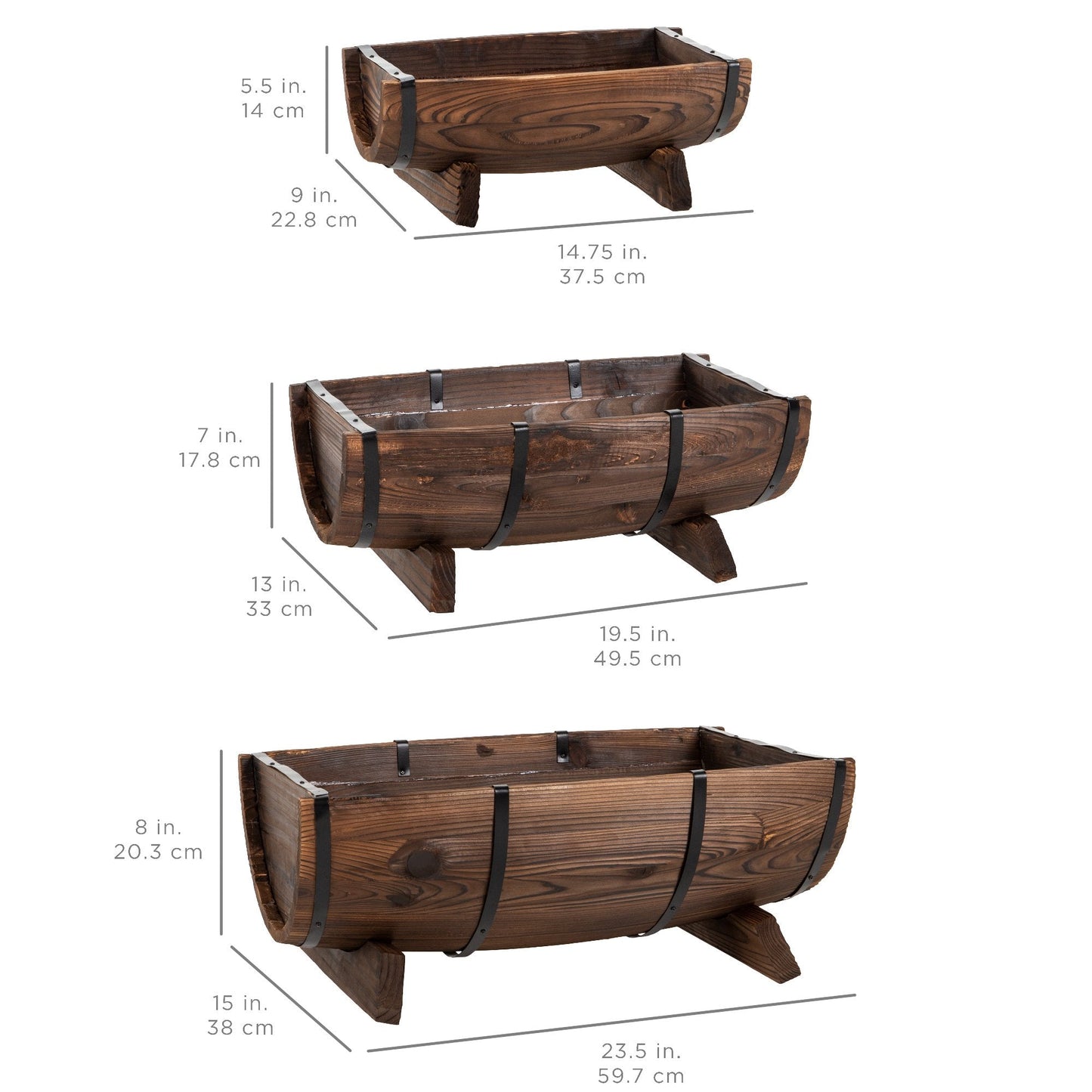 Set of 3 Rustic Wood Half Barrel Garden Planters Set w/ Drainage Holes