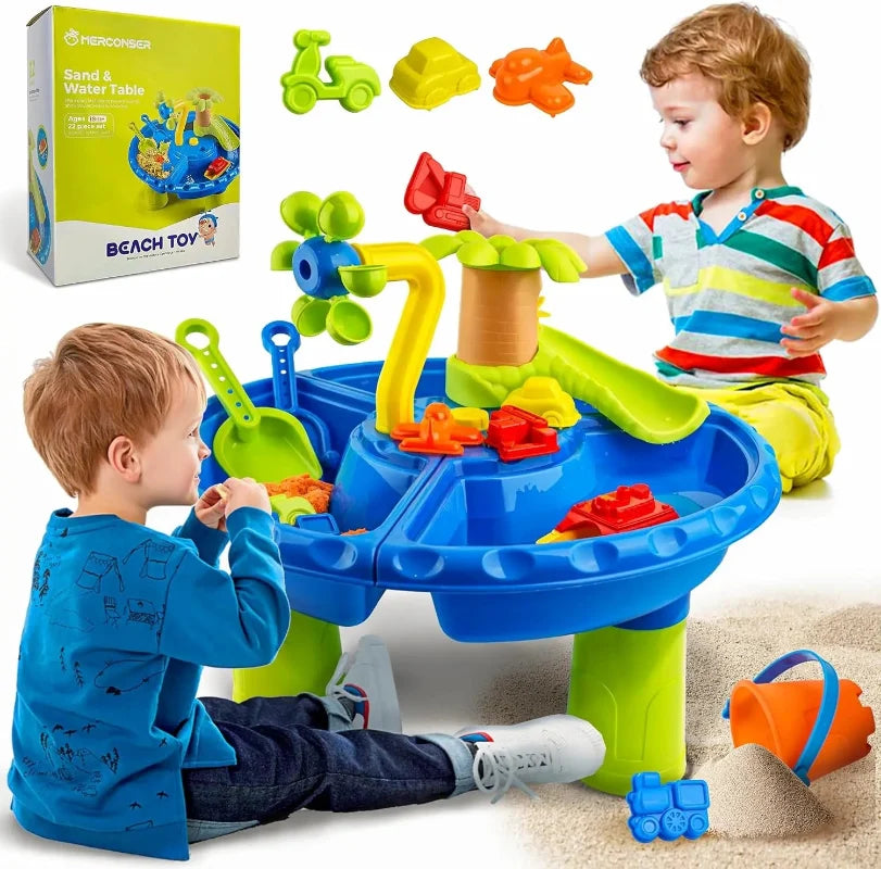 Toddler Sand and Water Play Table - 3-in-1 Sensory Activity Set with 22 Beach-Themed Toys