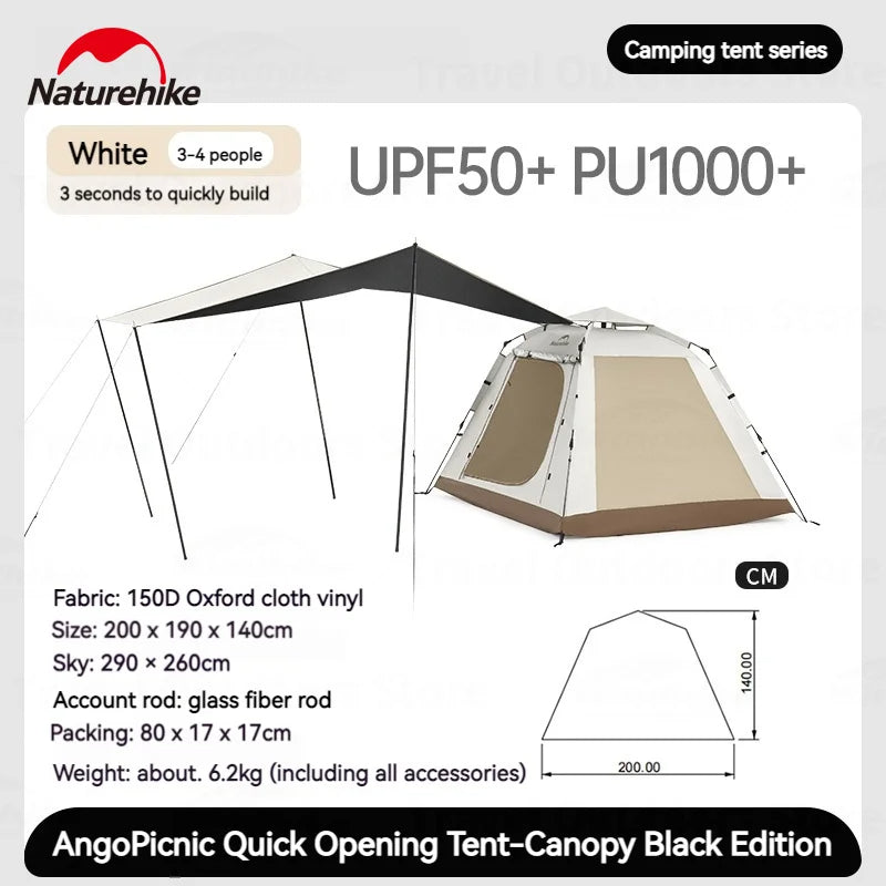 Naturehike ANGO 3 Picnic Quick Opening Tent 3-4 Persons Automatic Easy to Set Up Large Space Luxury Sunshade Family Camping Highly Durable Rainproof Canopy Tent