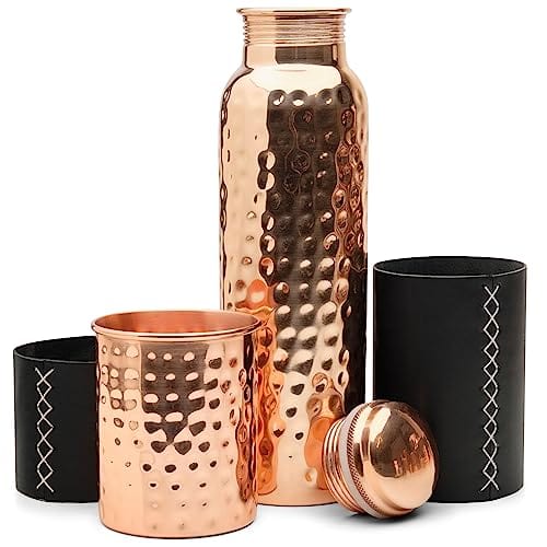 Kitchen Science Copper Water Bottle (34oz/1000ml) w/Copper Tumbler and Leather Sleeves | Pure Copper Bottle for Drinking Water | Lab-Tested, Leak-Proof | Authentic Ayurvedic Copper Bottle