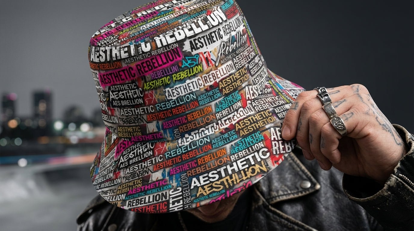 Aesthetic Rebellion AOP Word Cloud Reversible Bucket Hat | Unisex