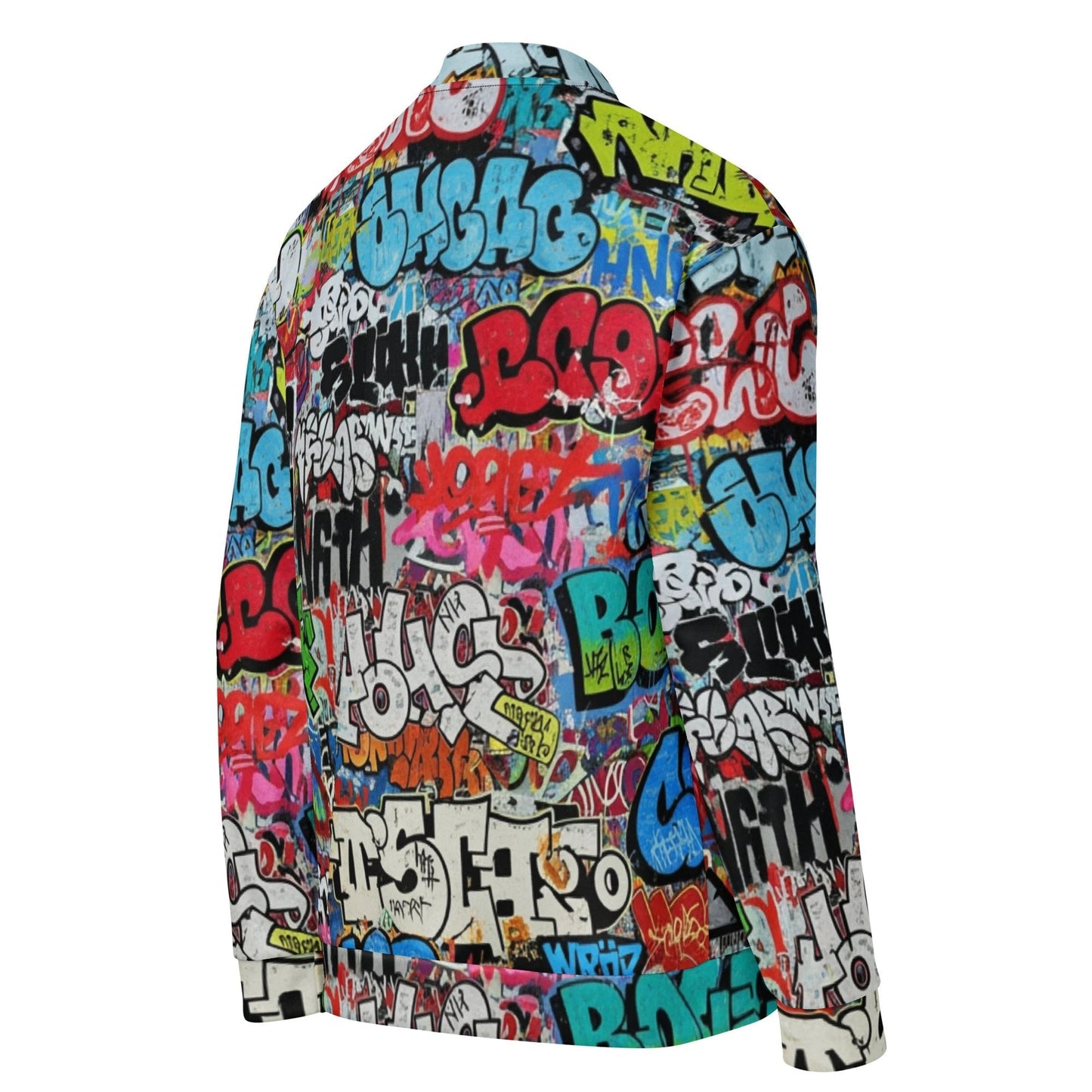 Graffiti Mashup AOP Bomber Jacket — White Street-Tag Collage Statement Outerwear for Urban Art Collectors