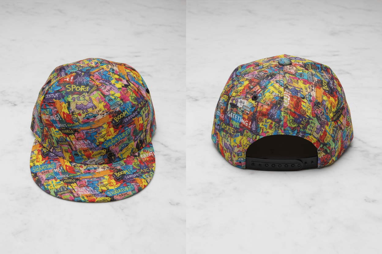 Indie Sleaze Collage AOP Flat Brim Cap | All-Over Print Snapback Streetwear Hat for Y2K Revival, Alt-Fashion & Festival Crowd