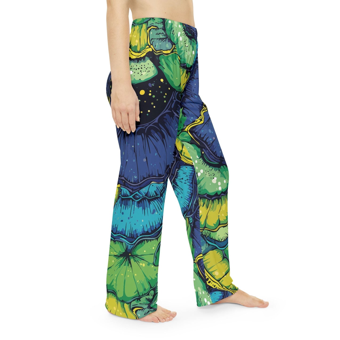 Butterfly Wing Pajama Pants — Emerald & Sapphire Organic AOP Lounge Bottoms, Jewel-Tone Sleepwear