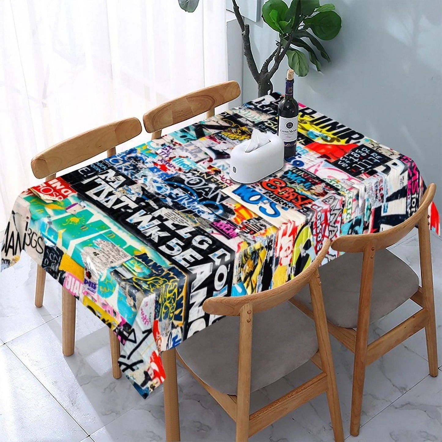 Graffiti Newsprint Tablecloth — Black & White Street-Tag AOP Rectangular Table Cover, Dopamine Dining