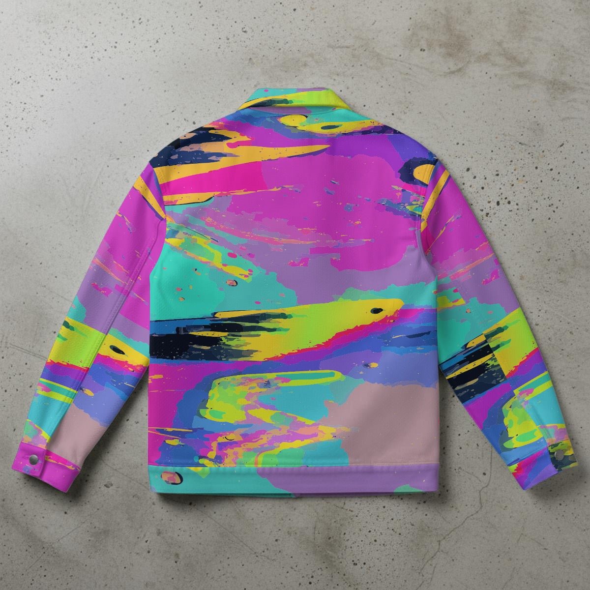 CMYK Smear Glitch Collared Jacket — Magenta & Cyan Paint-Streak AOP Statement Outerwear