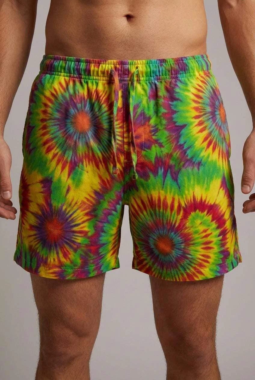 Neon Radial Burst Athletic Shorts for Rave Fitness and Yoga Dressers — Vibrant Psychedelic AOP Swim Trunks, Bold Festival Pool Party Bottoms