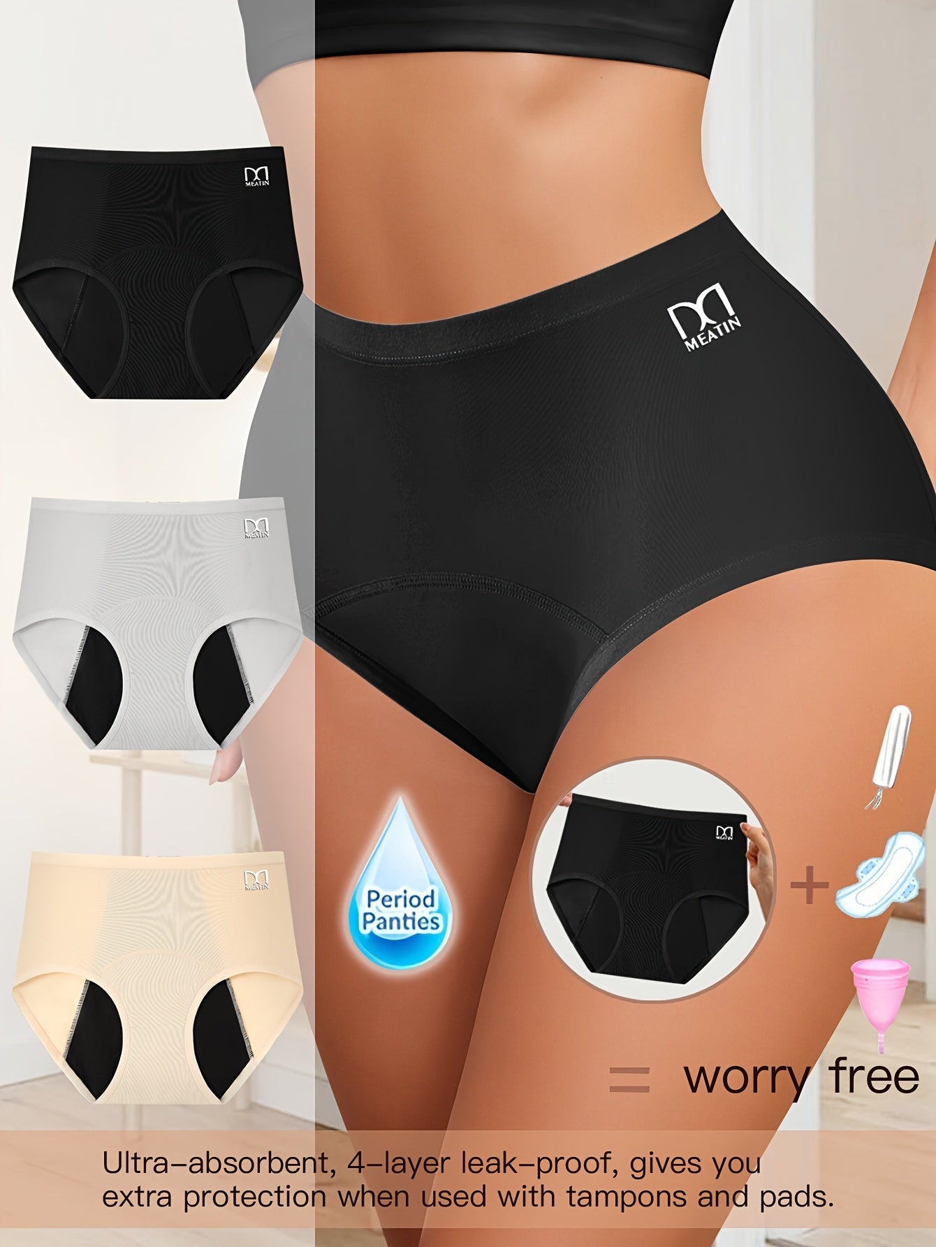 3pcs Women's Leakproof Period Panties, Ultra Absorbent TJR8M5D