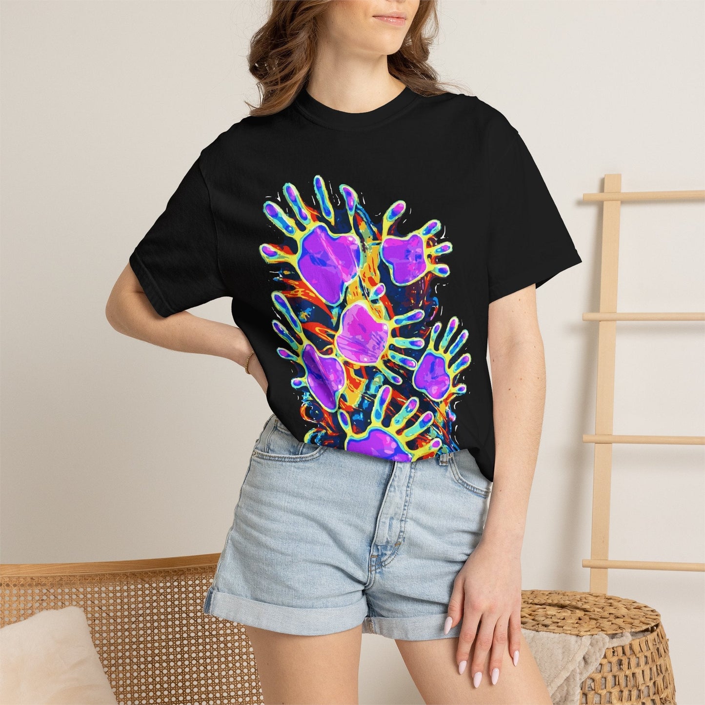 Dyles Mavis Handprint Psychedelic Neon T-Shirt for Bold Streetwear Collectors — Premium Heavyweight Cotton Original Art, Oversized Statement Tee