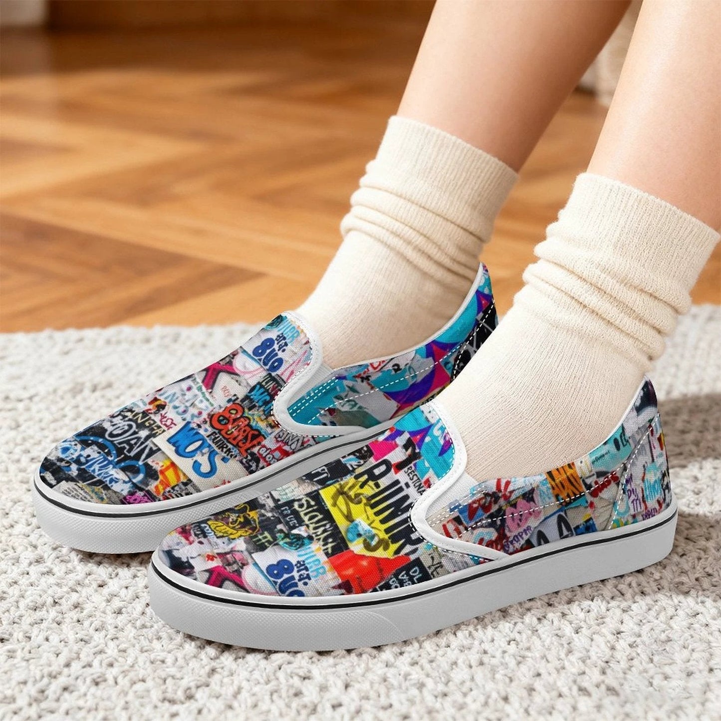 Sticker Bomb Slip-On Shoes — Graffiti Collage AOP Canvas Sneakers, Everyday Street Art Footwear