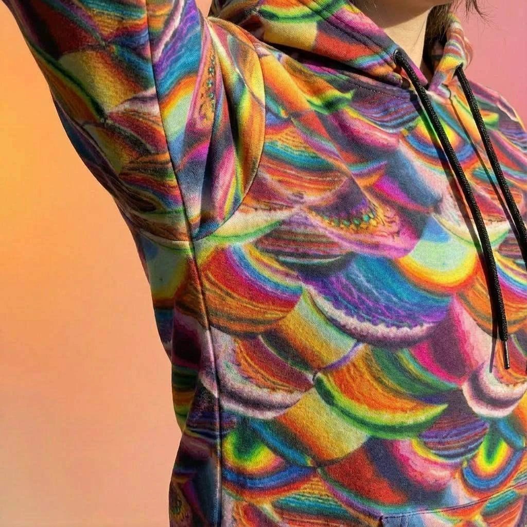 Prismatic Dragon Scale Athletic Hoodie for Fantasy and Bold Fitness Dressers — Rainbow AOP Maximalist Activewear