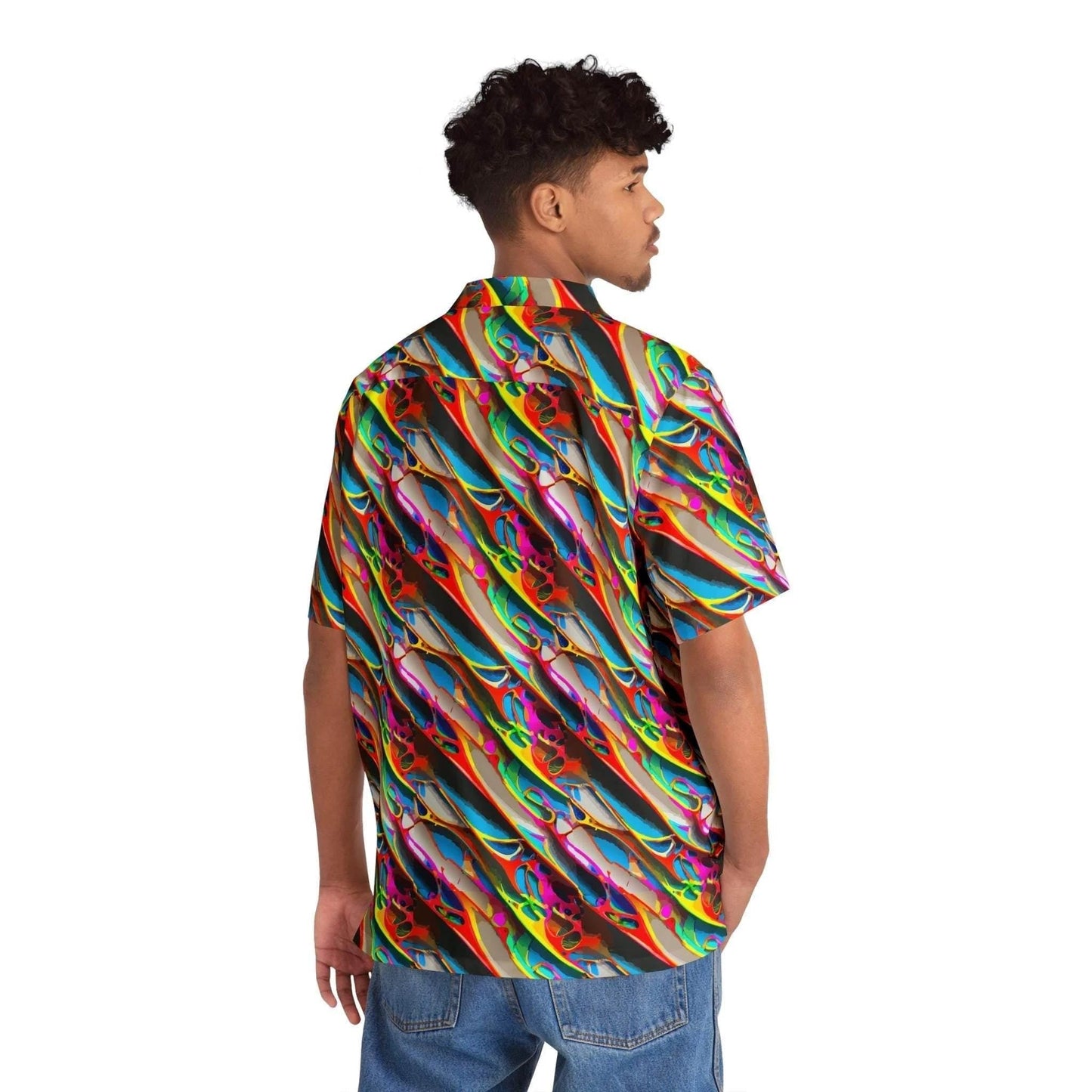 Prismatic Crimson Wave Hawaiian Shirt for High-Energy Festival Dressers — Bold AOP Aloha Button-Up, Summer Beach Statement Top, Maximalist Party Shirt