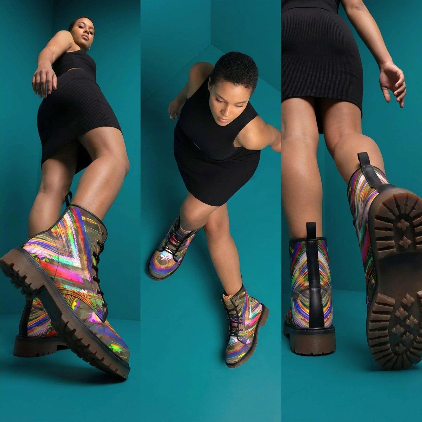 Trippy Goth Platform Combat Boots - Psychedelic Nightcore Alt-Fashion Footwear for Raves & Edgy Streetwear