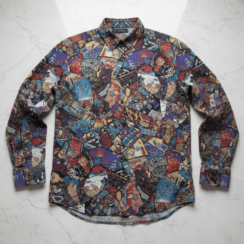 Gatsby's Gear AOP Long Sleeve Button-Up Shirt | Art Deco Maximalist Print Slub Cotton (125gsm, XS–5XL)