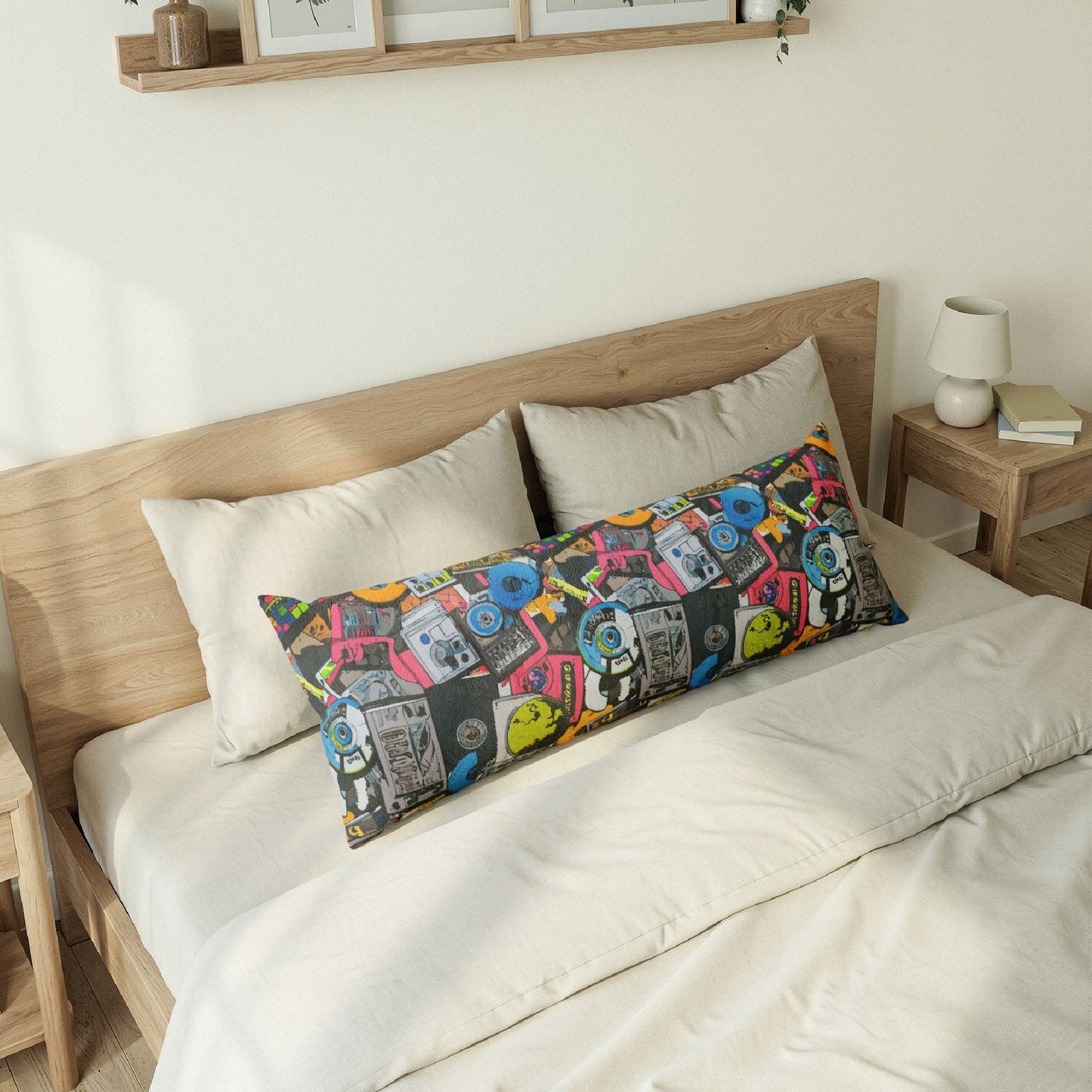 Graffiti Collage AOP Body Pillow — Street Art Comic Print Long Cushion, Color-Drenched Decor for Loud Bedrooms