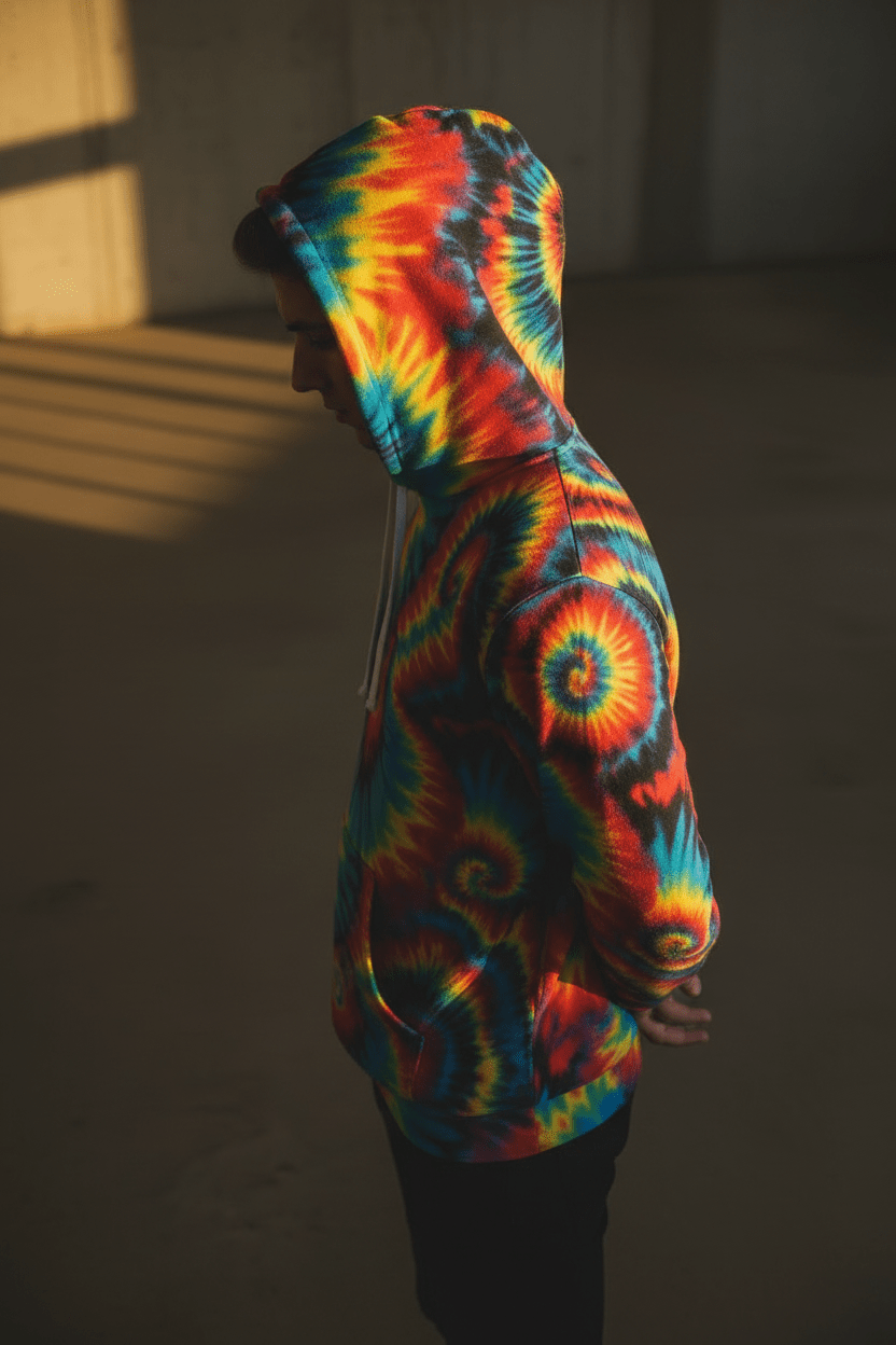 Inferno Vortex Tie-Dye AOP Hoodie for Psychedelic Streetwear Collectors — Spiral Rainbow All-Over Print, 95% Poly-Spandex