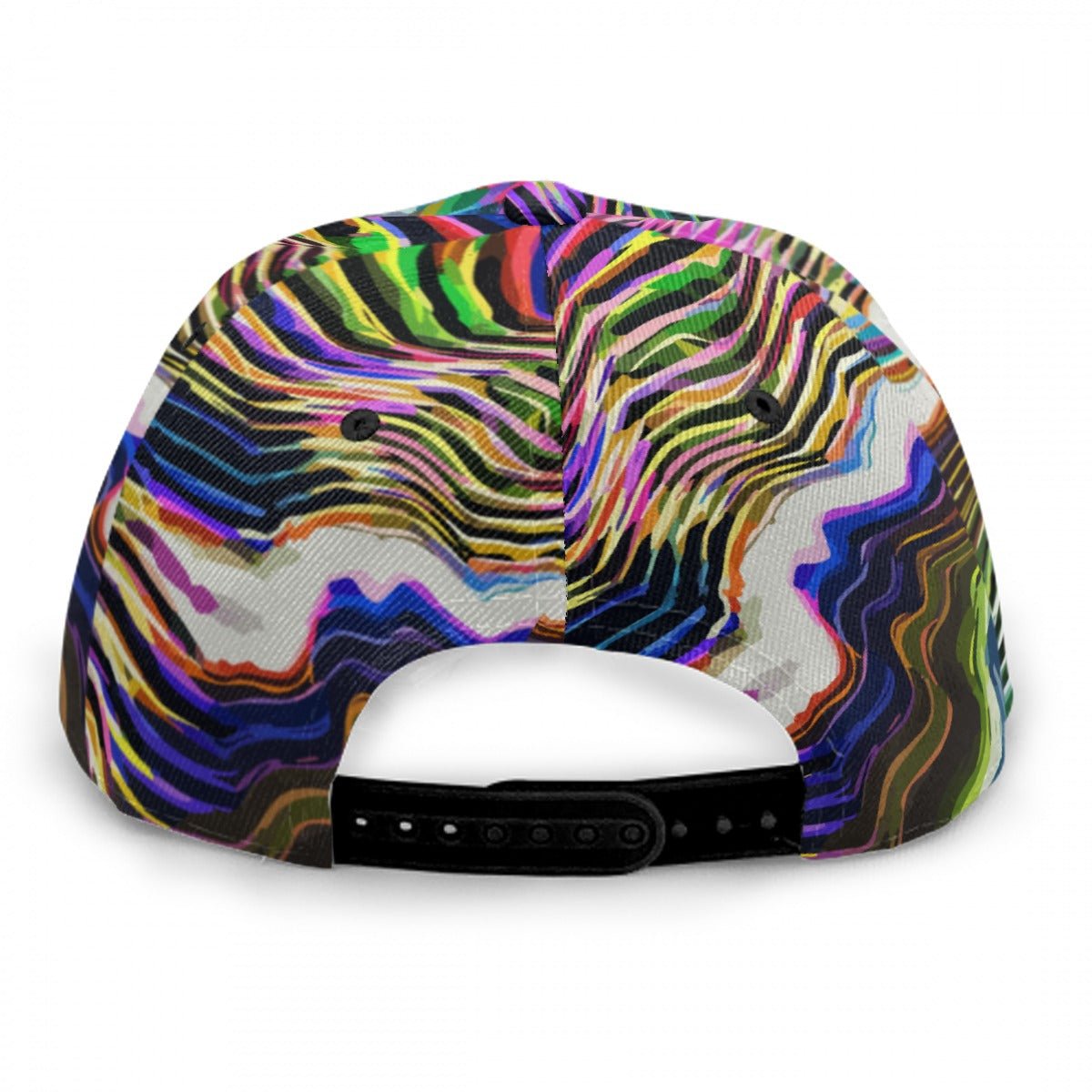 Liquid Glitch Flat Brim Cap — Warped Neon Scanline AOP Snapback for Glitchcore Streetwear Heads