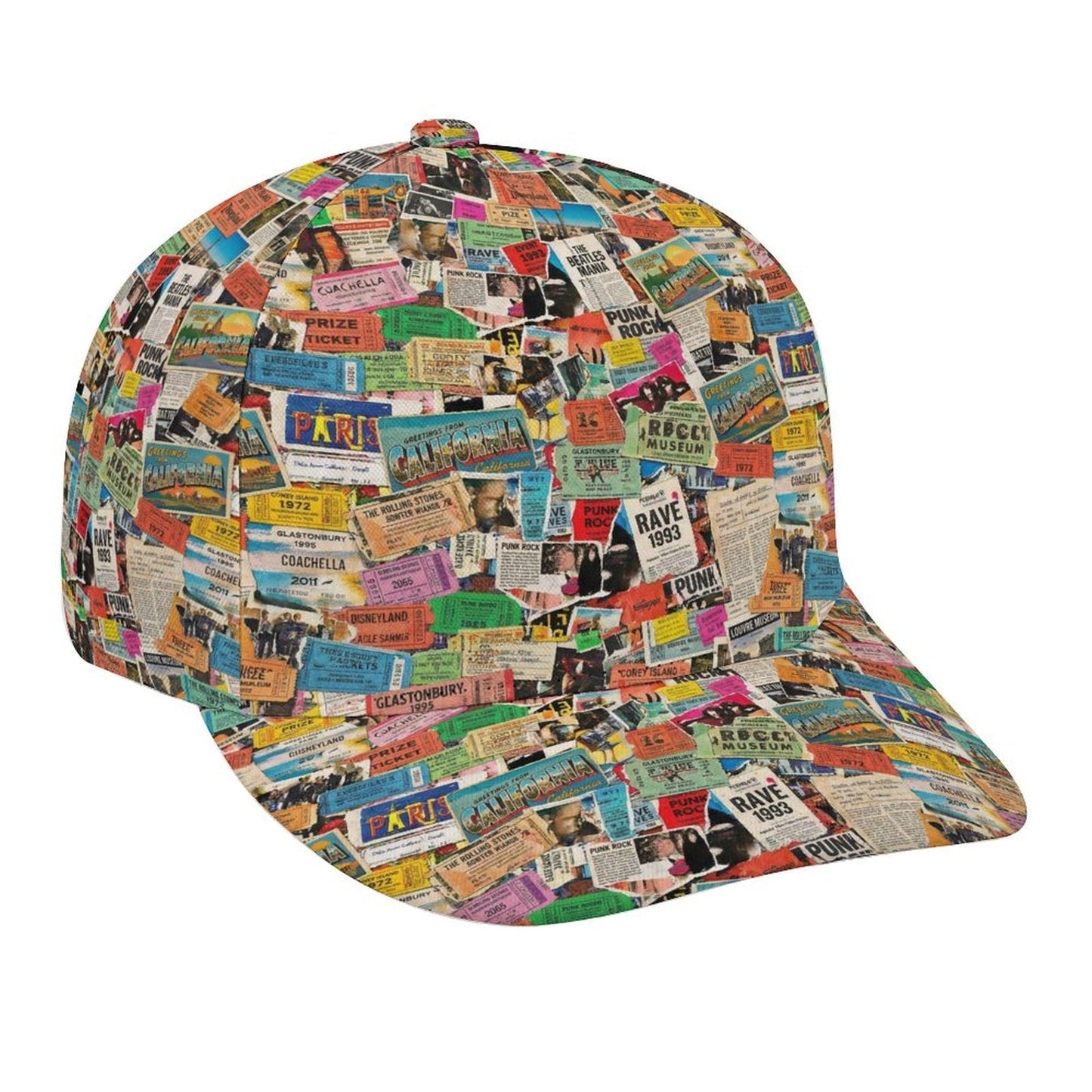 Maximalist AOP Snapback for Wanderlust Dressers — Ticket To Somewhere Bent Brim Cap, Festival Travel Hat, Streetwear Statement, Outdoor Adventure Cap