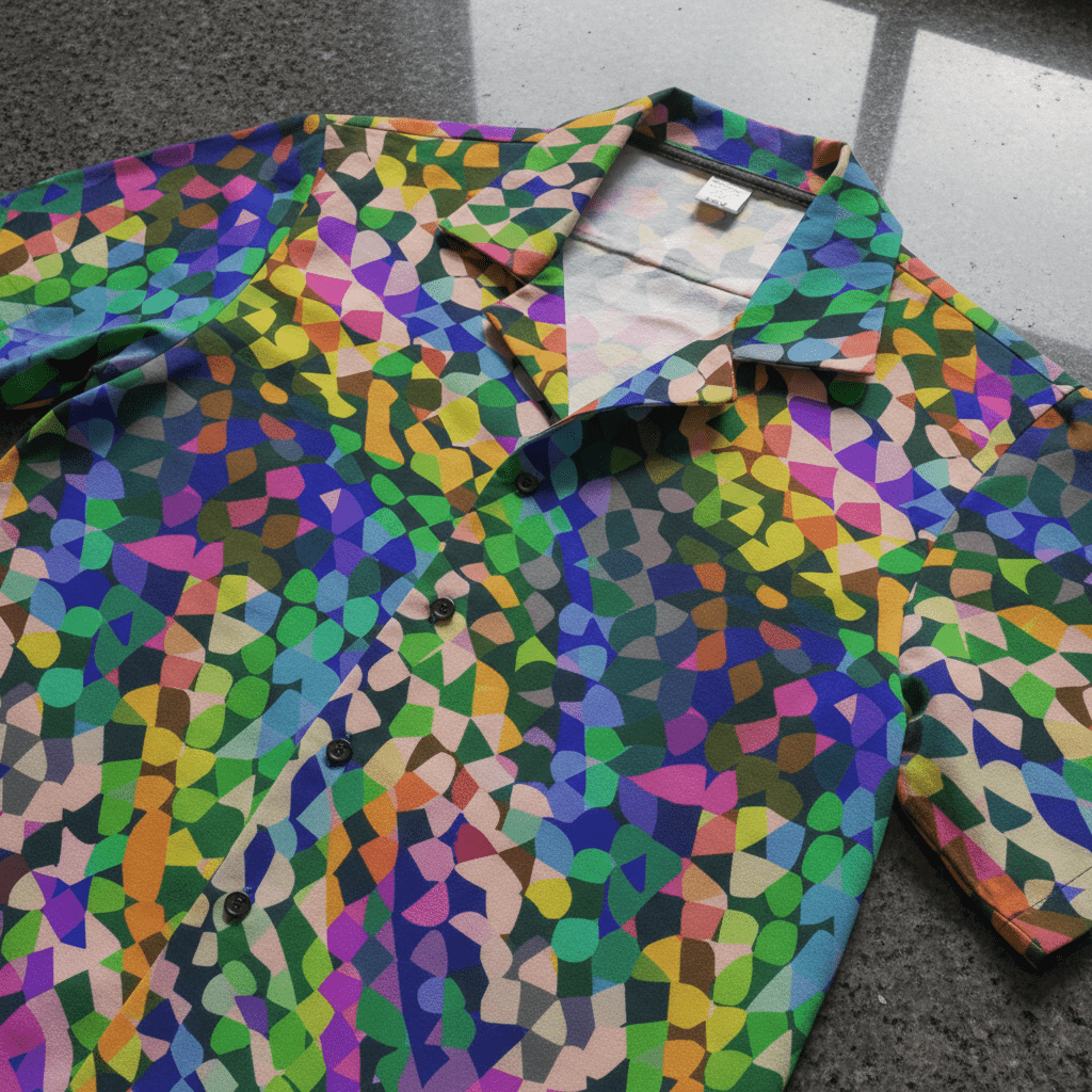 Pointillist Prism Hawaiian Camp Shirt — Rainbow Dot-Scale Gradient AOP Button-Up for Summer Main Characters