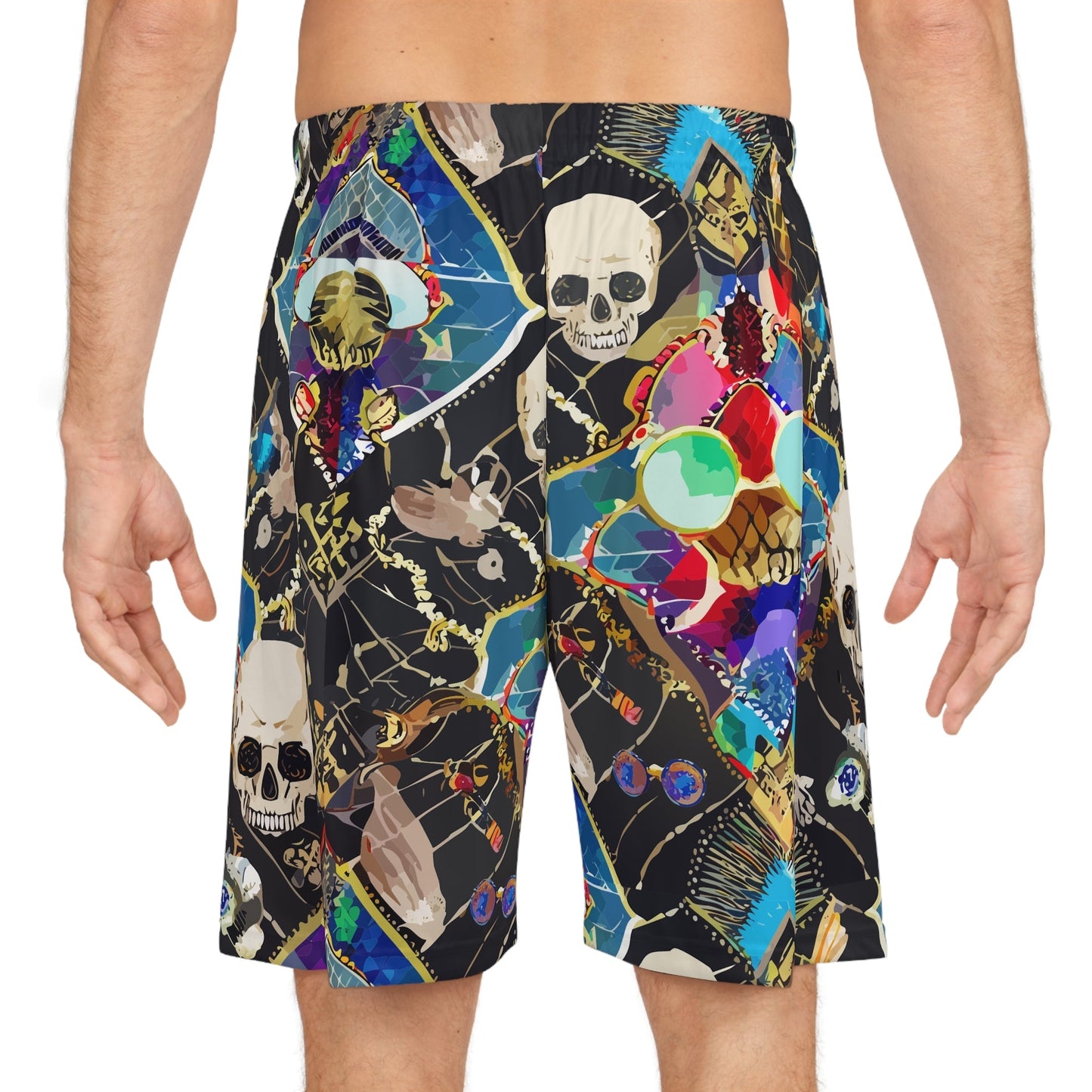 Neon Skeletal Mosaic AOP Shorts for Rave and Streetwear Collectors — Bold Retro Neon Athletic Basketball Shorts, Quick-Dry Festival Gym Activewear