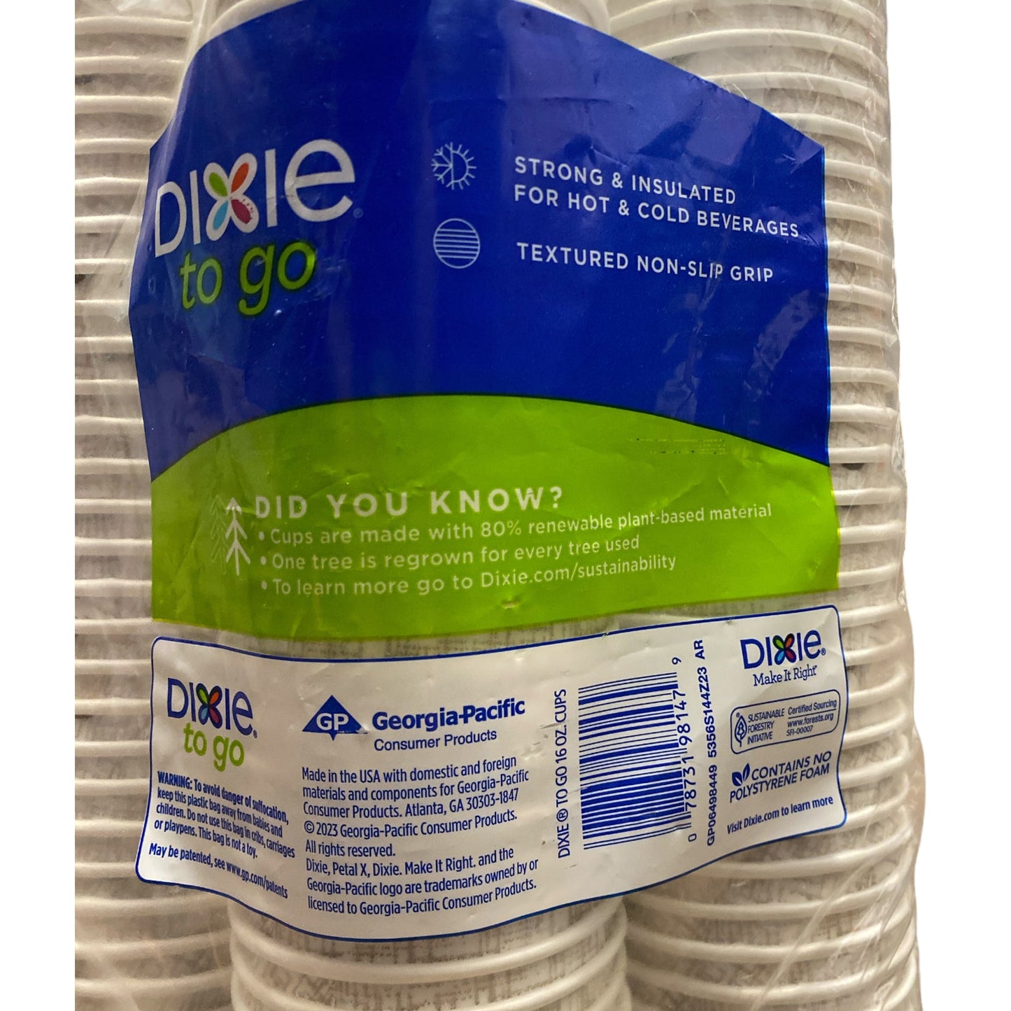 Dixie to Go Non-Slip Hold Insulated Paper Cups, 16oz, 144ct