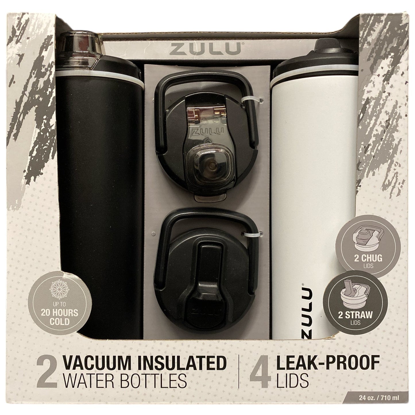 Zulu Stainless Steel Water Bottle with Lids., 2pk 24oz, Includes 2 Extra Lids