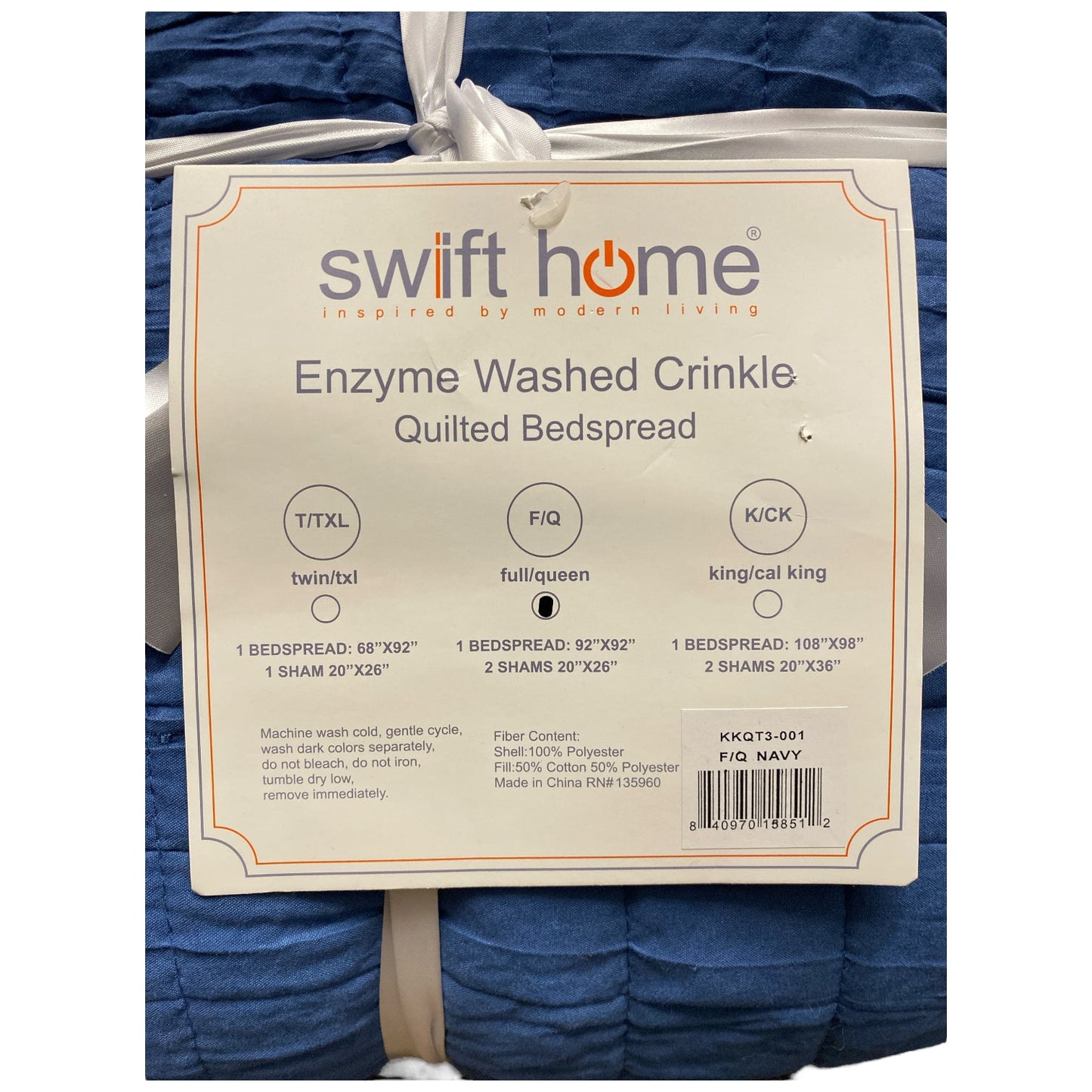 Swift Home Crinkle Enzyme Wash Crinkle Quilted Bedspread Set, Full/Queen, Navy