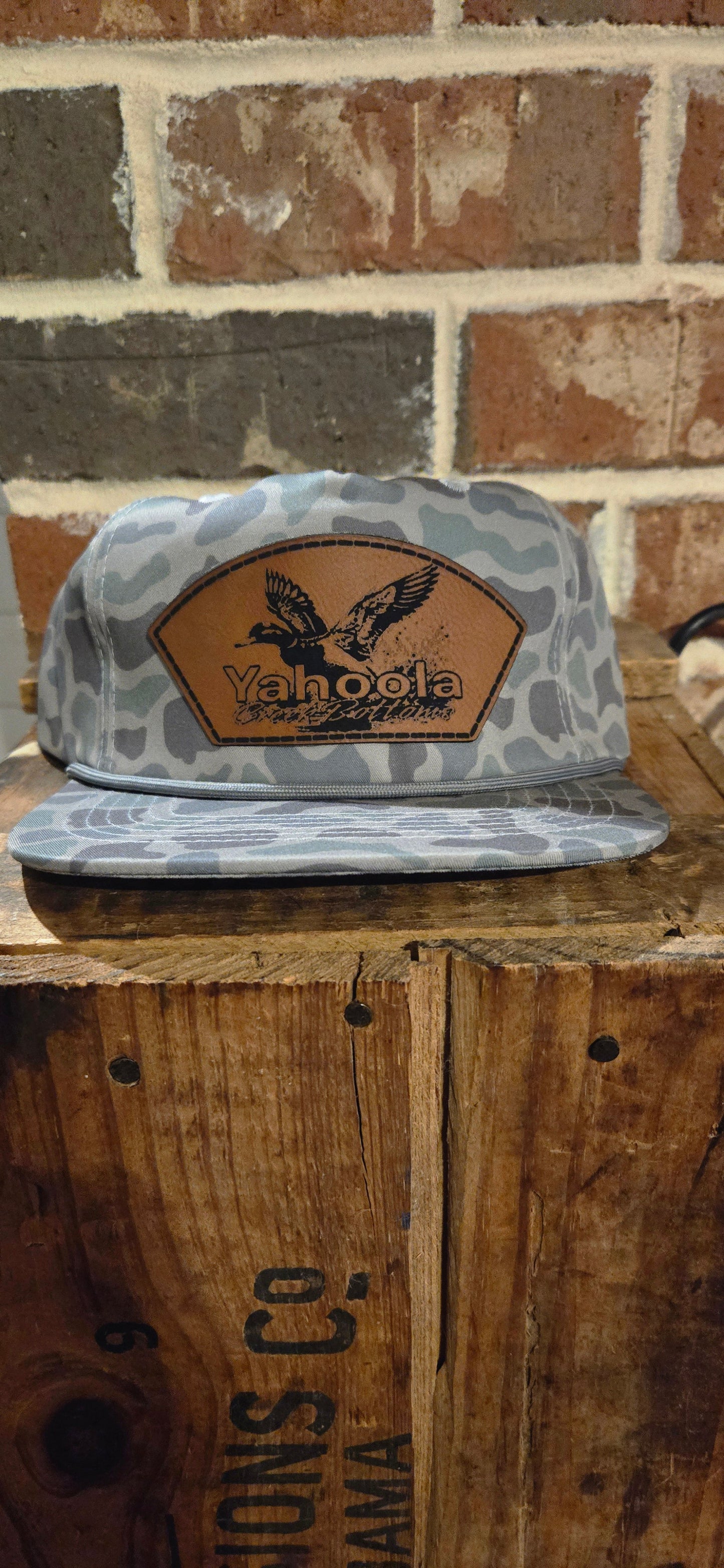 Light blue and gray duck camo rope hat