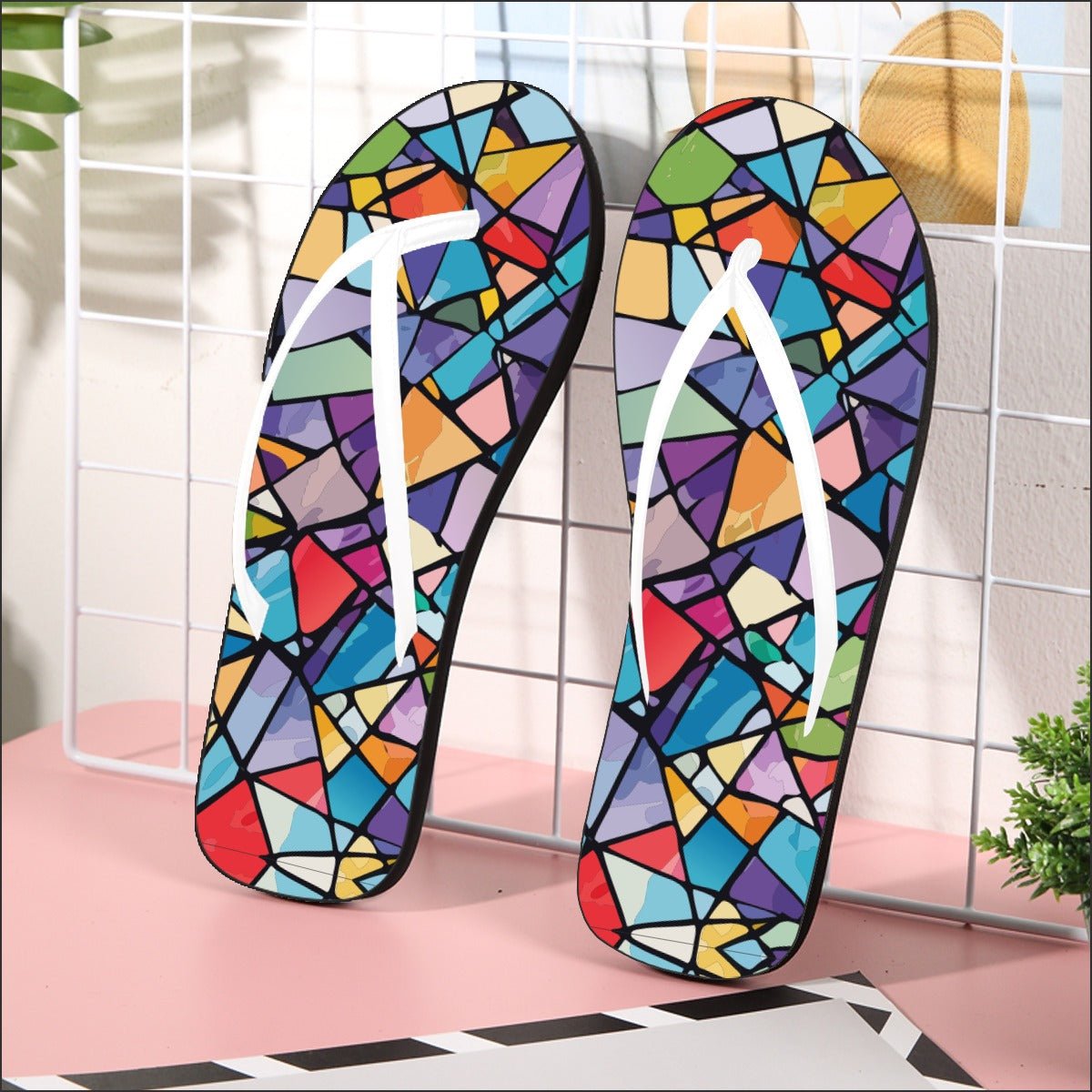 Stained Glass Mosaic Flip Flops — Colorful Shard AOP Beach Sandals, Wearable Art Summer Footwear