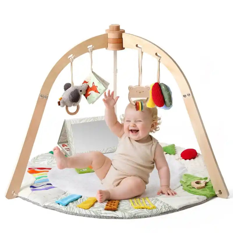 Wooden Baby Play Gym with Music Activity Mat for 0-12 Months - Sensory Development Toys with Mobile Bells for Limb Exercises