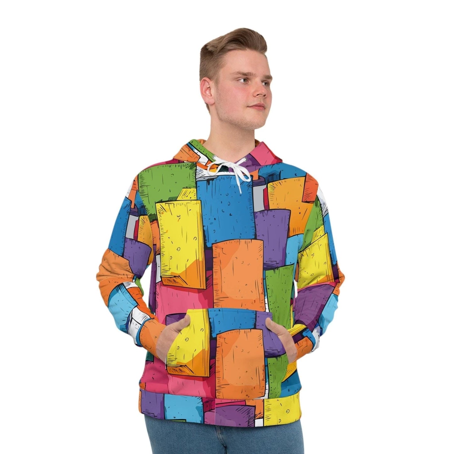 Maximalist Geometric Block Print Hoodie for Tech-Creatives — Vibrant Architectural AOP Sweatshirt, Bold Color Statement Gift for Him