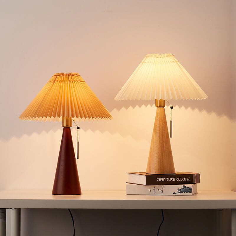 Japanese Wooden Table Lamp With Pleated Fabric Shade