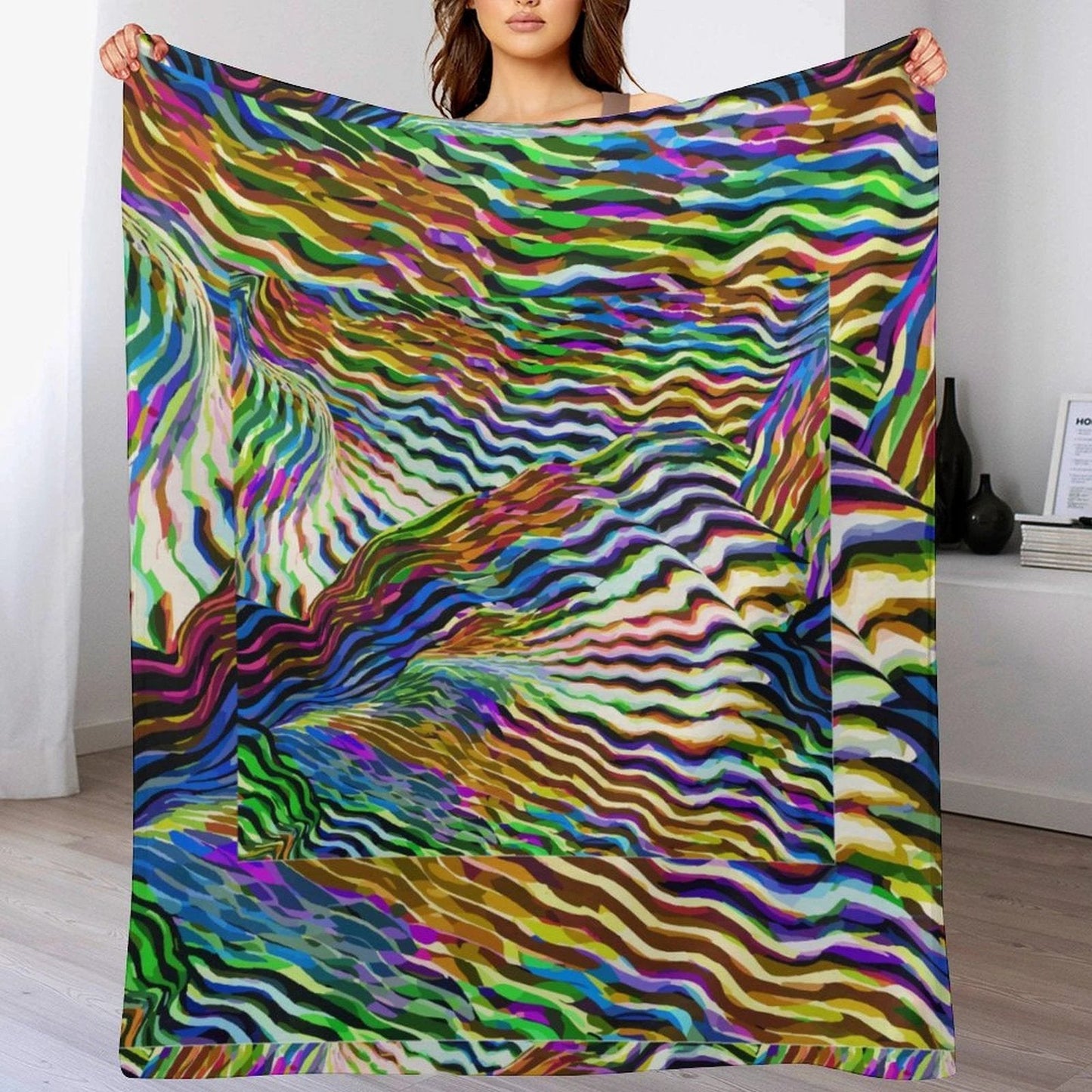 Lightning Complex AOP Flannel Throw Blanket 30"×40" | Psychedelic Ribbon-Wave Maximalist Couch Blanket (280gsm, Dual-Sided Print)