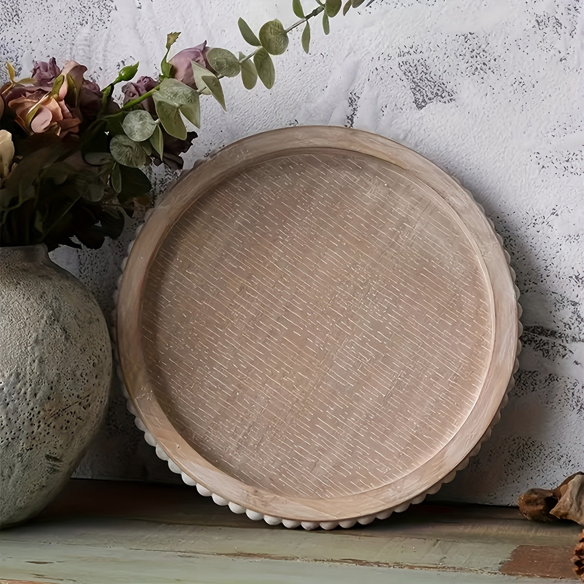 Chic 30.48cm White Wood Beaded Round Tray - PR3N