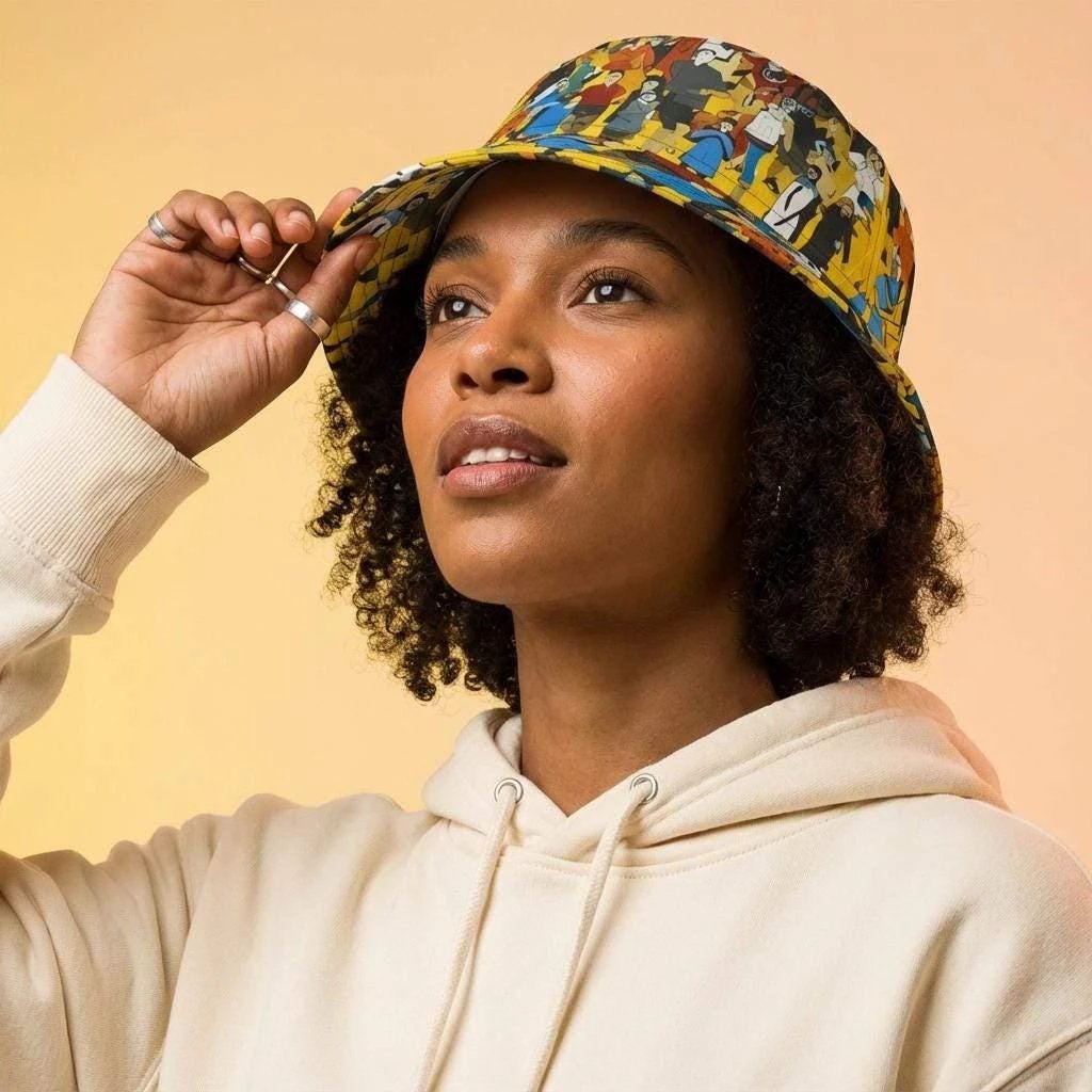 Crowd Theory Illustrated Bucket Hat for Urban Maximalists — Dyles Mavis AOP Where's-Waldo Collage, Bold Yellow Festival Headwear, Made in USA