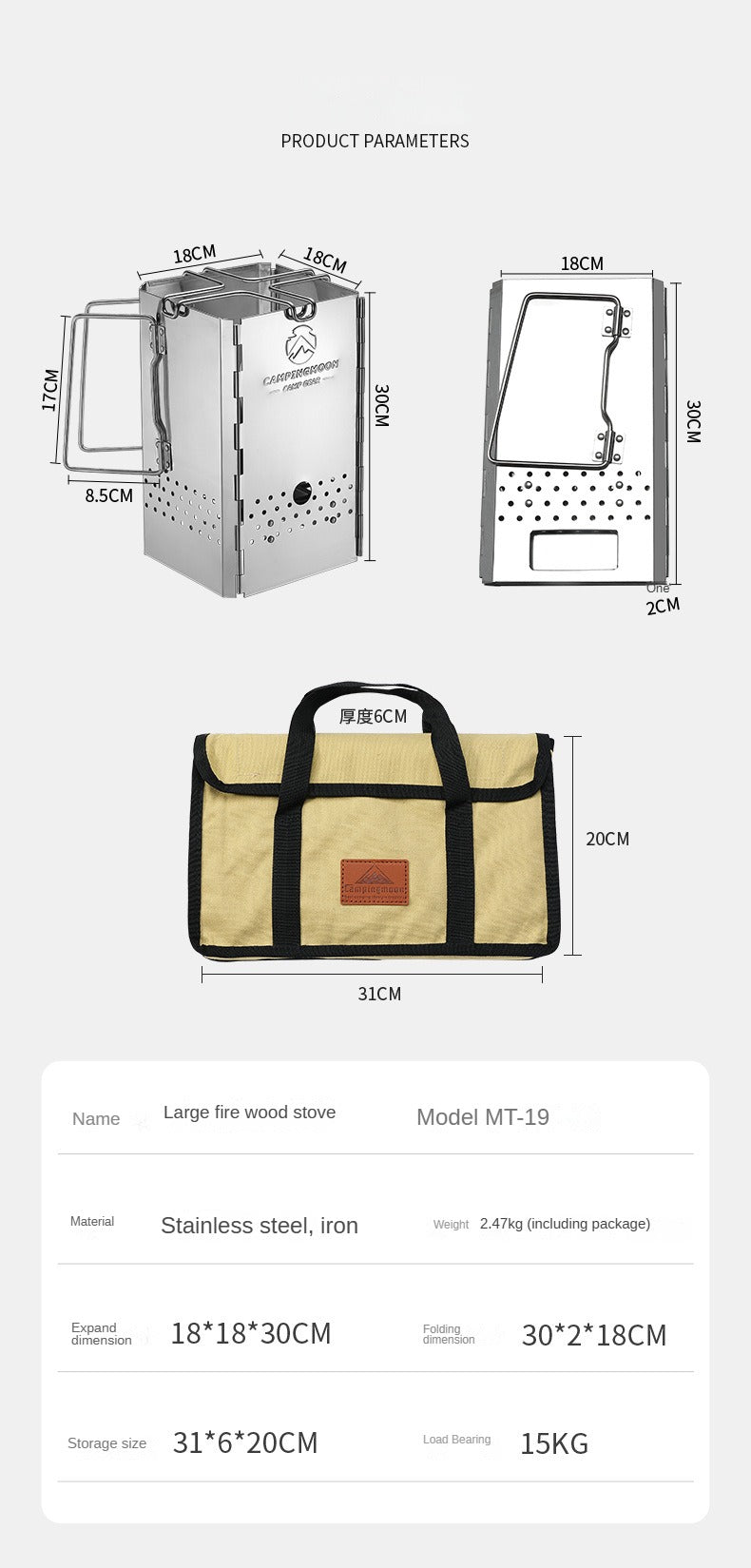 Campingmoon MT-18 Folding Firewood Stove Foldable Mid-Size Charcoal Igniter Fire Starter Burner Four Corner Charcoal Stove Tool Equipment Stainless Steel