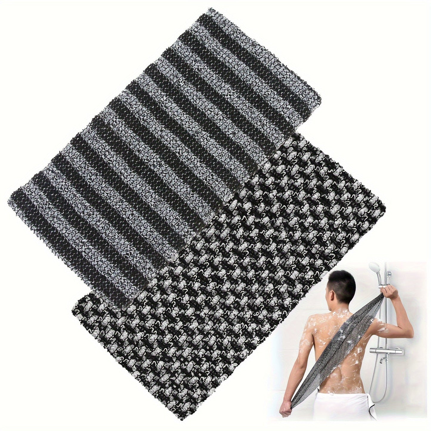 2pcs Double Side Exfoliating Body Scrub Back Scrubber, Bath Wash Towel Loofah Towel with Strap