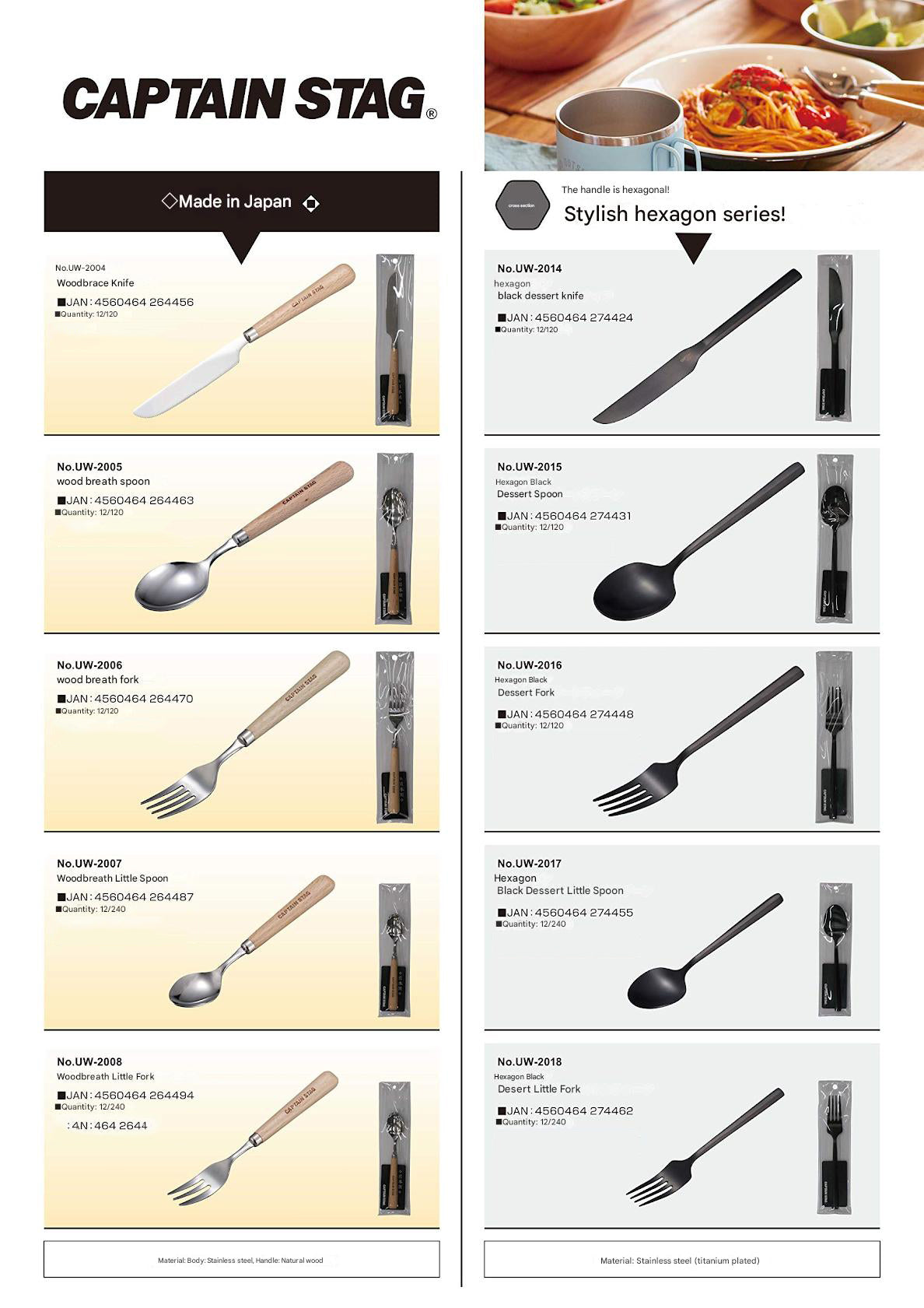 CAPTAIN STAG UW-2015/16 Hexagon Black Dessert Cutlery Portable Ultralight Spoon Fork Premium Stainless Titanium Plating Utensil Tableware UW-2005/06